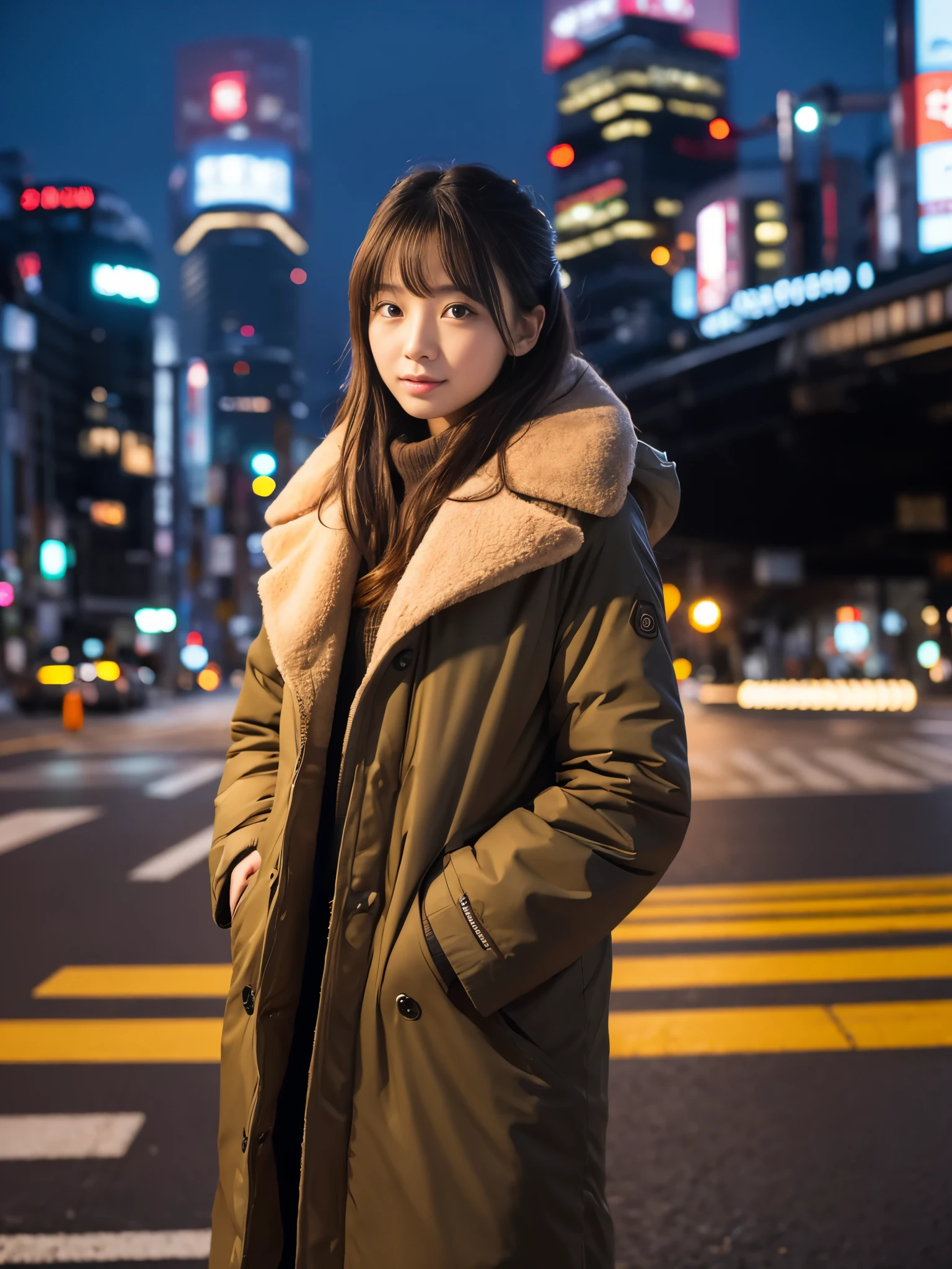Photoreal, 8K full-length portrait, Beautiful woman, attractive look, Clear system, 20-year-old, Tokyo, winter, Shibuya in the background
