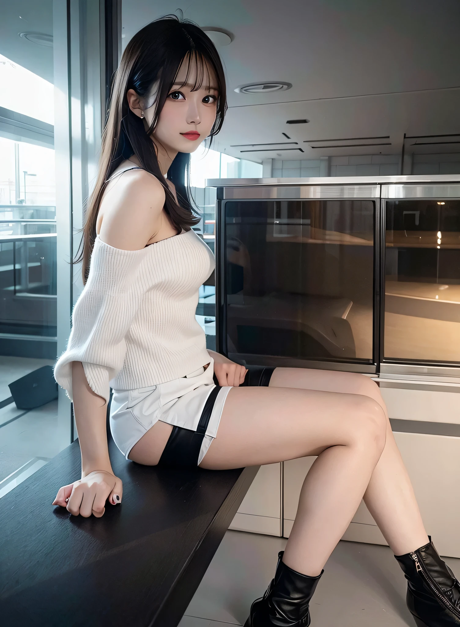 (8K, RAW photo:1.2)detailed face and eyes,highest quality, ultra high resolution, very detailed ,intricate details ,debris flies ,pretty girl, soft light like a movie, hyper detail,focus clearly on the chest, （beautiful black hair）, （long hair）, （white off shoulder knit）、｟mini skirt｠、（sitting）（black long boots）（Two arms and two legs）（legs slightly apart）