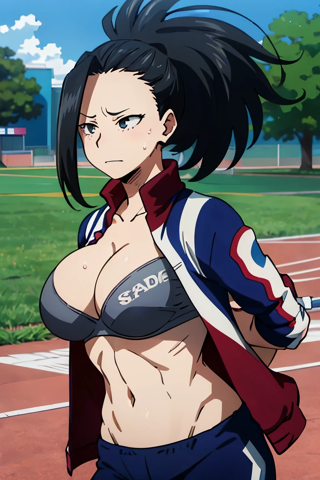 (((masterpiece))), Yaoyorzu Momo, 1 girl, alone,(large breast:1.7),cleavage,full bust,black bra, (toned stomach:1.4),(slender:1.4),black hair, belly button, cleavage, closed mouth, clavicle, Jacket, ponytail, outdoor, open clothes,abdomen, pants,black eye,frown, blue Jacket, track Jacket, pulled my hair back, track pants, (nice hands), breath,sweat,wet,smirk,nose blush,