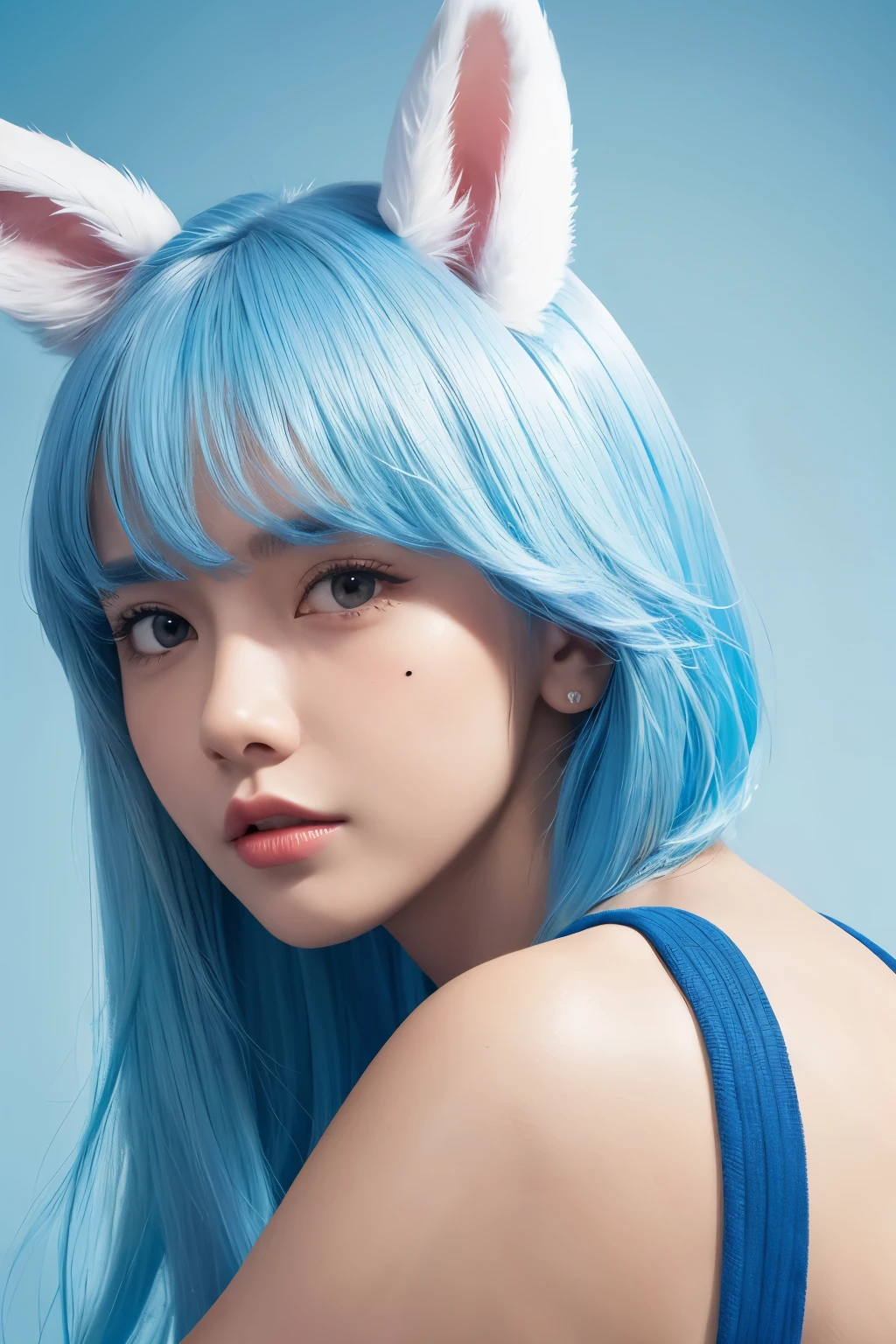 masterpiece, best quality, 1 boy, male focus, animal ears, alone, blue hair, colorful hair, Rabbit ears, bicolor hair, mole, white hair, Chinese clothes, Upper body, simple background, brown eyes, orange eyes, mole under mouth, hand on own chin, looking at the audience