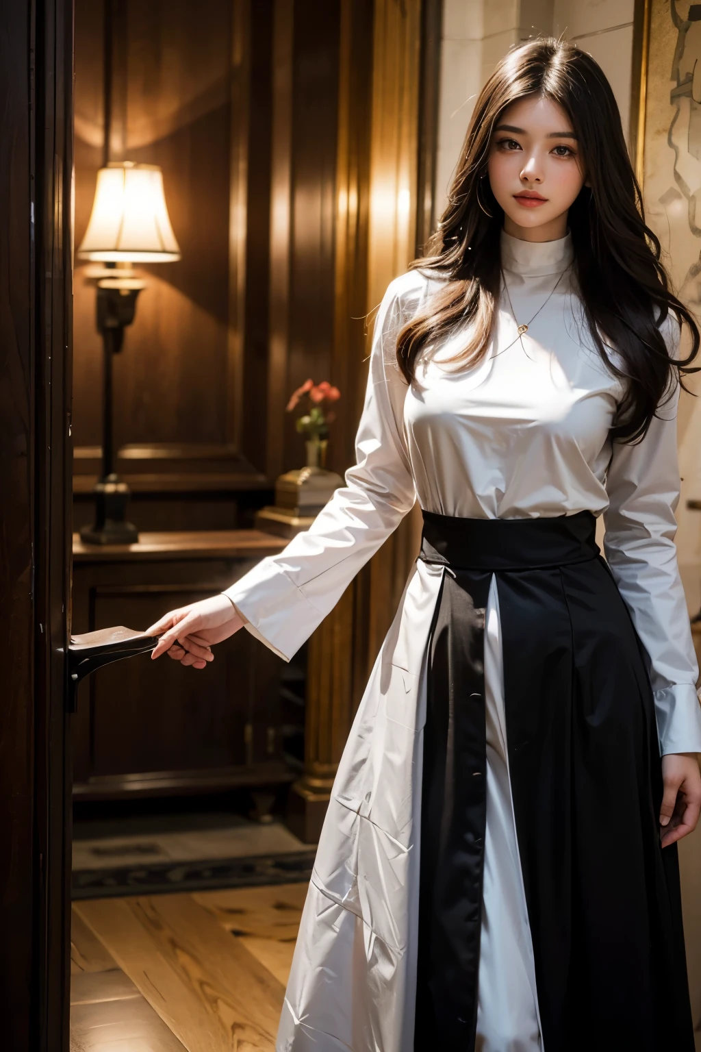 (best quality,highres:1.2),ultra-detailed,(realistic:1.37),portrait,dark-haired woman with black eyes,wearing a nun's habit,standing facing the camera,long flowing hair,background inside a grand hall,stunning lighting,super sharp focus