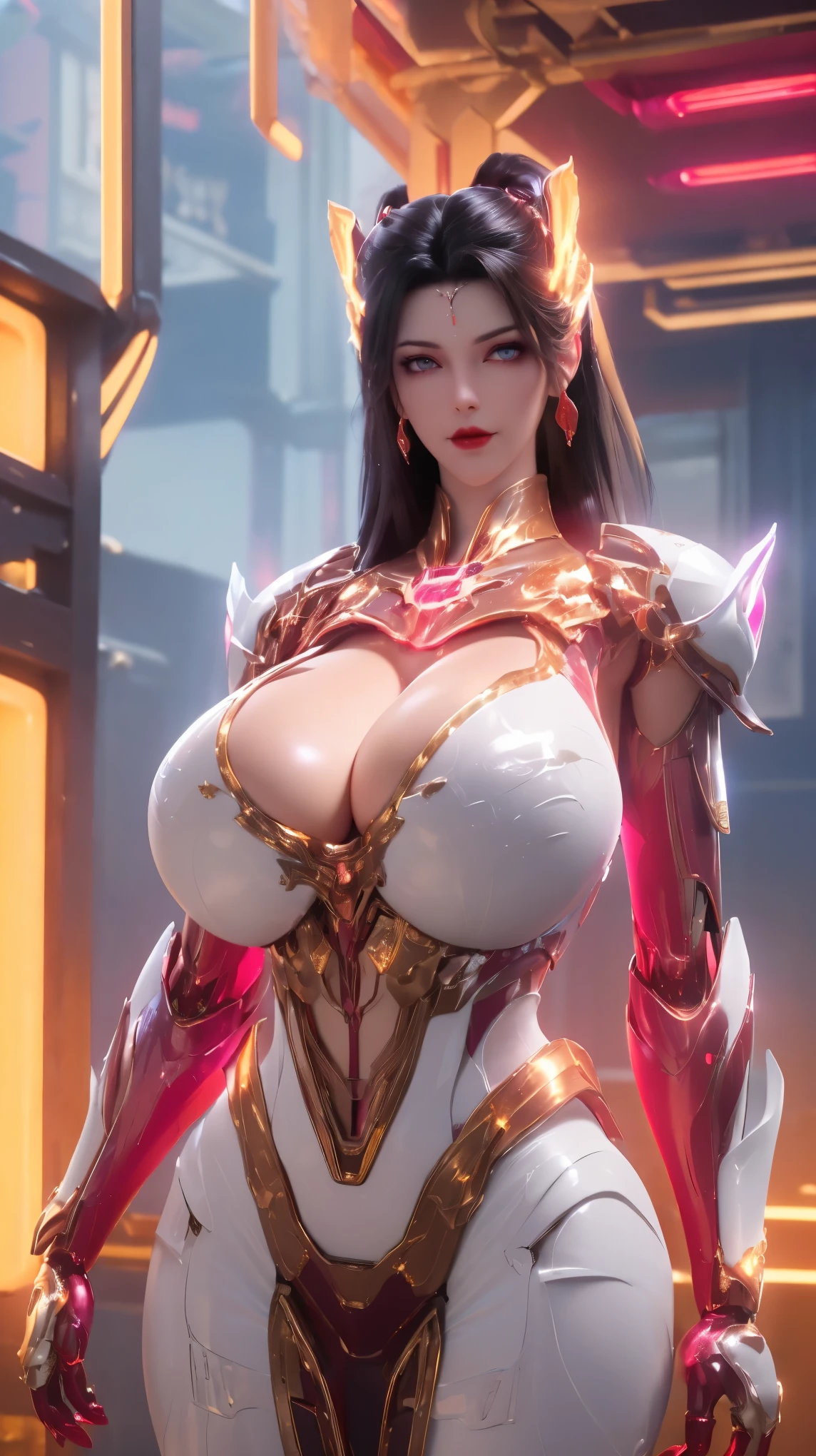 A BUSTY MILF, PORTRAIT,UPPER BODY,SOLO,(BEAUTY PURPLE HAIR, MECHA PHOENIX HELM), (MASSIVE FAKE BOOBIES,CLEAVAGE TOP,MUSCLE ABS:1.5), (((NEON LED RED, GOLDEN, WHITE) SHINY ROBOT MECHANICAL SEXY SKIMPY OUTFIT:1.5)),(CURVY VOLUPTUOUS BODY MATURE WOMAN:1.5), (SWEATY GLOSSY BODYSKIN:1.5), (LOOKING AT VIEWER:1.5),(BACKGROUND FUTURISTIC SPACE STATION:1), (PHOTOREALSITIC:1.4), (ULTRA-DETAILLIERT), (TOP-QUALITY), (BEST SHADOWS), BRIGHT LIGHT IN ROOM, HYPER TEXTURE, (4X MSAA), ((UNREAL ENGINE 5 RENDER)), PHYSICALLY-BASED RENDERING, ULTRA HIGHT DEFINITION, 16K, 1080P.