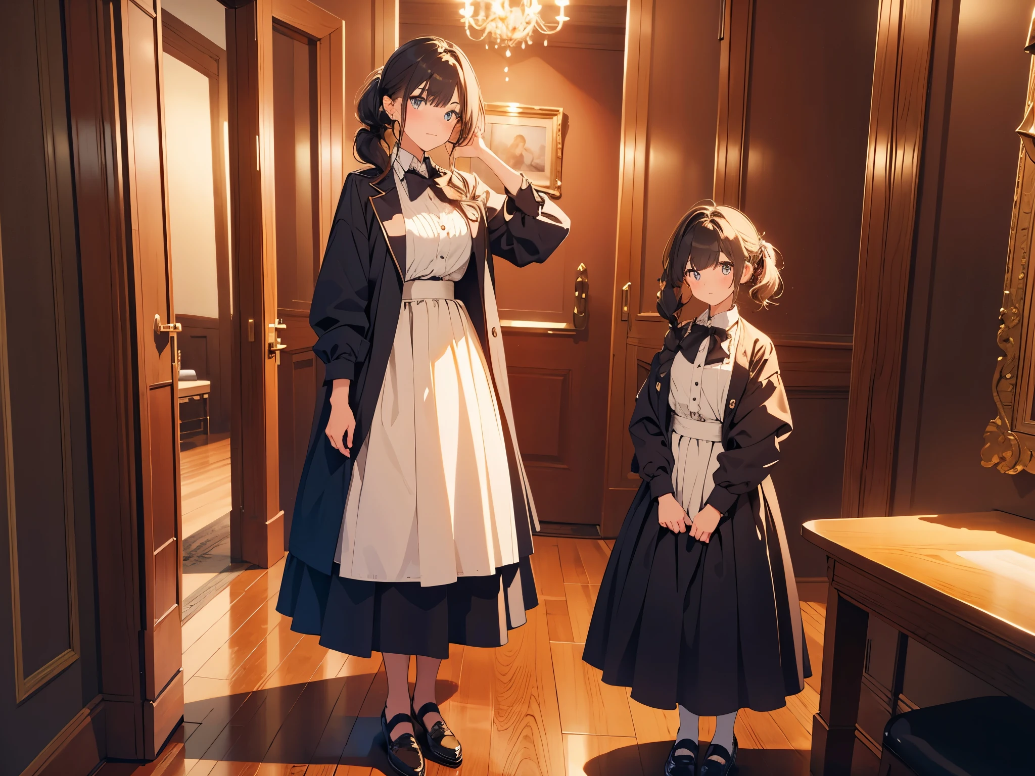 masterpiece, twain, girl, standing side by side, missimilar hairstyle, missimilar eye color, missimilar outfit,