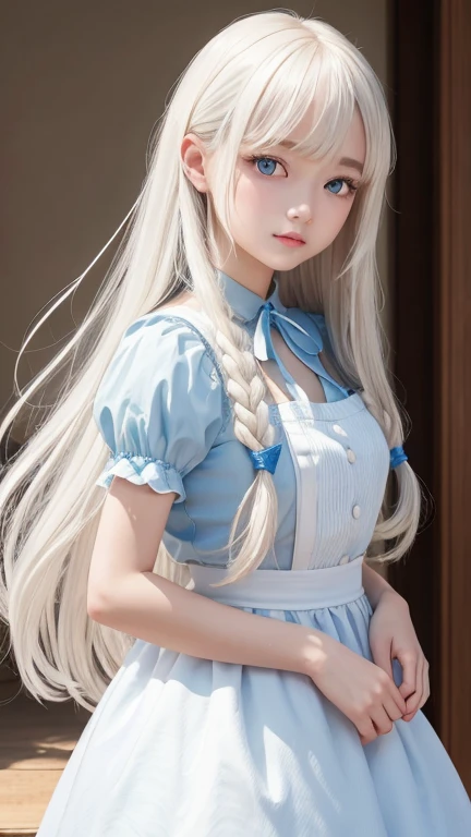 bright look、photorealism、highest quality、Super high resolution、picture、Photo of an exquisitely beautiful Scandinavian girl、extraordinary beautiful girl、cute and beautiful face details、(Pueros face_v1:0.008)、beautiful bangs、alice in wonderland、18-year-old、Shining white skin、hair run that extends to the face、bangs between the eyes、super long hair、Attractive light and dark platinum blonde super long straight silky hair、thin hair、Charming shining beautiful bright clear light blue big eyes、white apron、yellow dress、eyeliner、double eyelid、rich bust