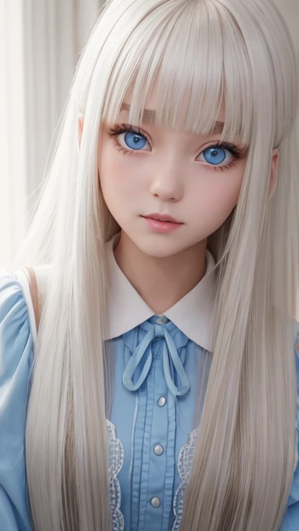 bright look、photorealism、highest quality、Super high resolution、picture、Photo of an exquisitely beautiful Scandinavian girl、extraordinary beautiful girl、cute and beautiful face details、(Pueros face_v1:0.008)、beautiful bangs、alice in wonderland、18-year-old、Shining white skin、hair run that extends to the face、bangs between the eyes、super long hair、Attractive light and dark platinum blonde super long straight silky hair、thin hair、Charming shining beautiful bright clear light blue big eyes、white apron、yellow dress、eyeliner、double eyelid、rich bust