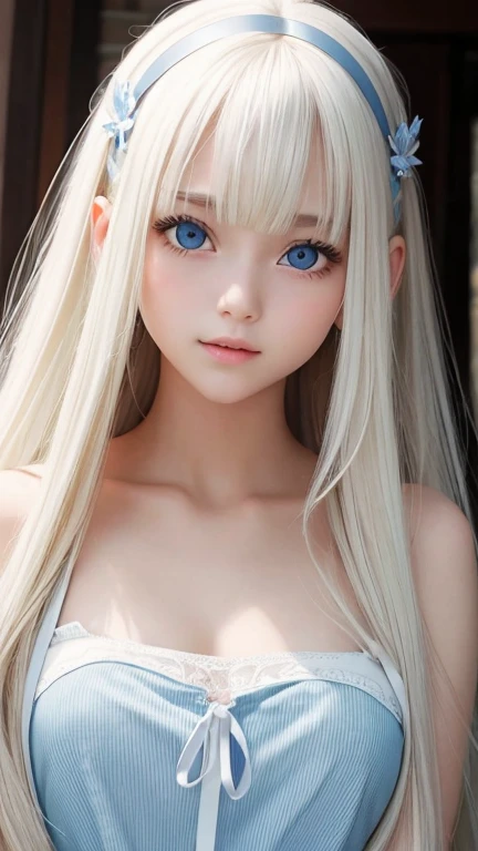 bright look、photorealism、highest quality、Super high resolution、picture、Photo of an exquisitely beautiful Scandinavian girl、extraordinary beautiful girl、cute and beautiful face details、(Pueros face_v1:0.008)、beautiful bangs、alice in wonderland、18-year-old、Shining white skin、hair run that extends to the face、bangs between the eyes、super long hair、Attractive light and dark platinum blonde super long straight silky hair、thin hair、Charming shining beautiful bright clear light blue big eyes、white apron、yellow dress、eyeliner、double eyelid、rich bust