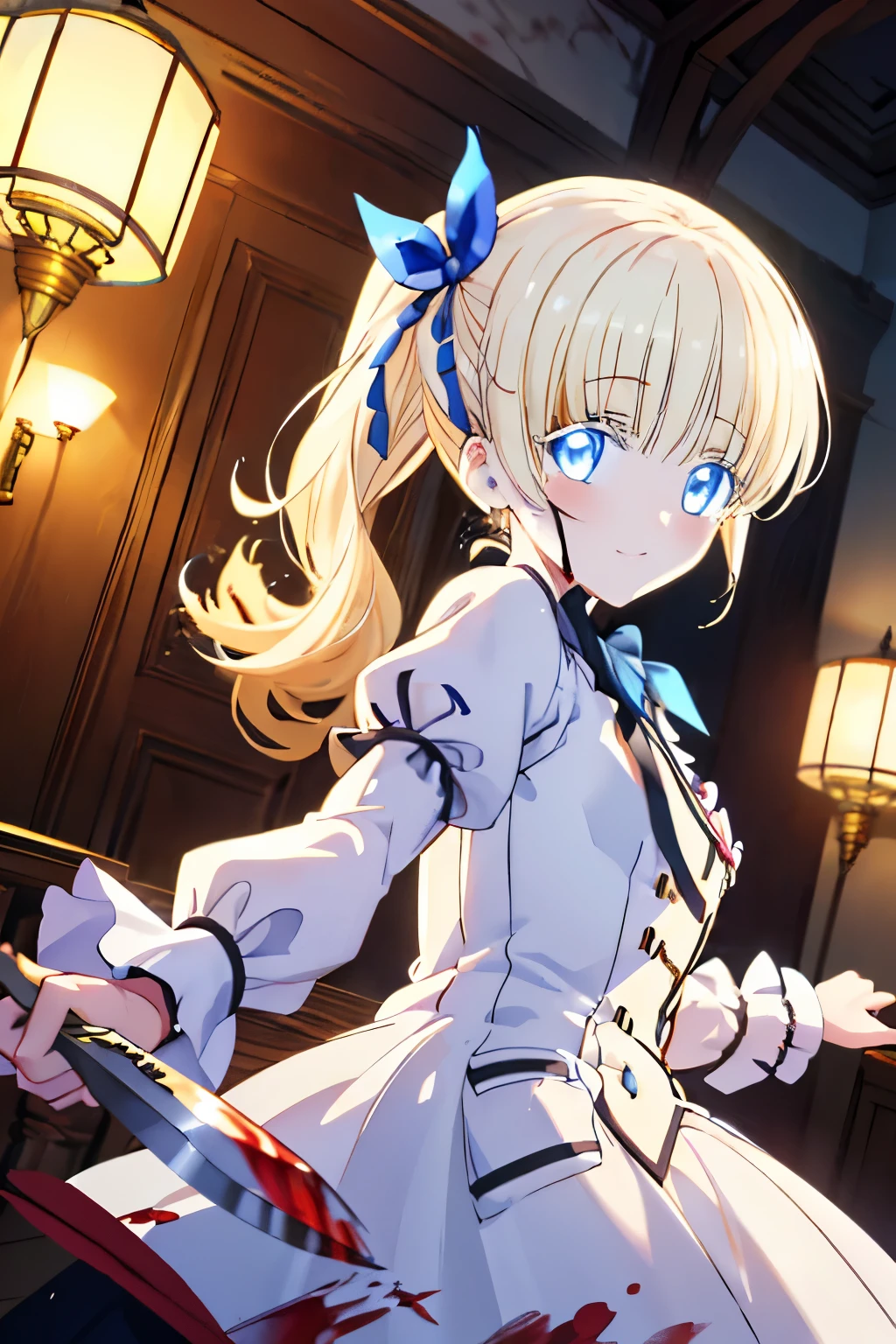 (1girl, solo), blonde hair, side ponytail, (blue eyes:1.5), long hair, (small breast:1.2), (hair ribbon, juliet sleeves, long sleeves, puffy sleeves, blood stained white dress:1.5, frills, top hat, black top hat, hat, hat flower,) looking at viewer, crazy smile, blush, blood, blood on arm, blood on face, blood on clothes, blood on hands, holding knife, knife, indoor, (masterpiece:1.2), best quality, high resolution, unity 8k wallpaper, (illustration:1.5), anime style, (beautiful detailed eyes:1.6), extremely detailed face, perfect lighting, extremely detailed CG, (perfect hands, perfect anatomy), (dynamic pose, dynamic angle:1.1), nadja, red heart brooch, jewelry, serial killer, slasher,