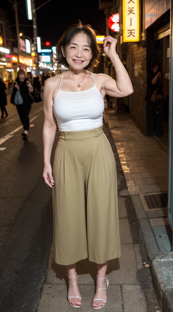 masterpiece, best quality, 16K, city, old woman, happy, smiling, standing, looking at viewer, front view, long hair, wave hair, black hair, eyes open, (large breasts:1.28), (wrinkles corners eyes:1.38), (nasolabial:1.38), (old skin:1.38), wrinkles skin, freckled skin, pale skin, (old muscles:1.2), slender, (white tube top), (khaki culottes), (high-heels), piercing, necklace, freckles, chubby, elderly, old, japanese, outside, in the city, at night, nsfw, full body shot, from front