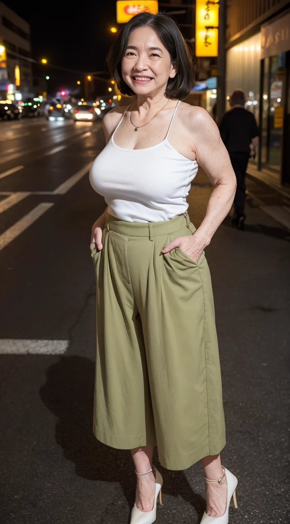 masterpiece, best quality, 16K, city, old woman, happy, smiling, standing, looking at viewer, front view, long hair, wave hair, black hair, eyes open, (large breasts:1.28), (wrinkles corners eyes:1.38), (nasolabial:1.38), (old skin:1.38), wrinkles skin, freckled skin, pale skin, (old muscles:1.2), slender, (white tube top), (khaki culottes), (high-heels), piercing, necklace, freckles, chubby, elderly, old, japanese, outside, in the city, at night, nsfw, full body shot, from front