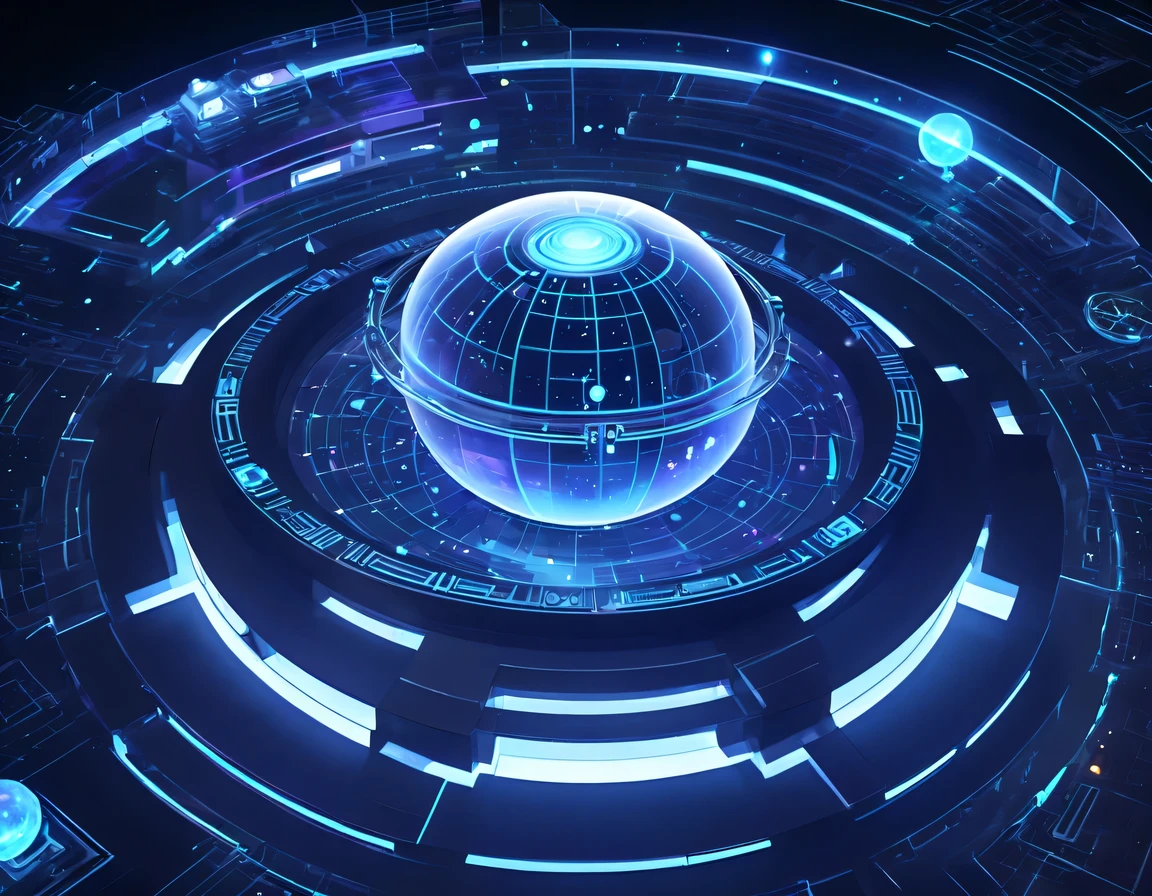 high tech会议大厅中间有未来派transparent空灵天文图,3D astronomical map,Holographic projection astronomical map,Map of cosmic galaxies,spherical,transparent,cyberpunk,X-ray,fluorescence,neon lights,high tech,command hall,Control lobby