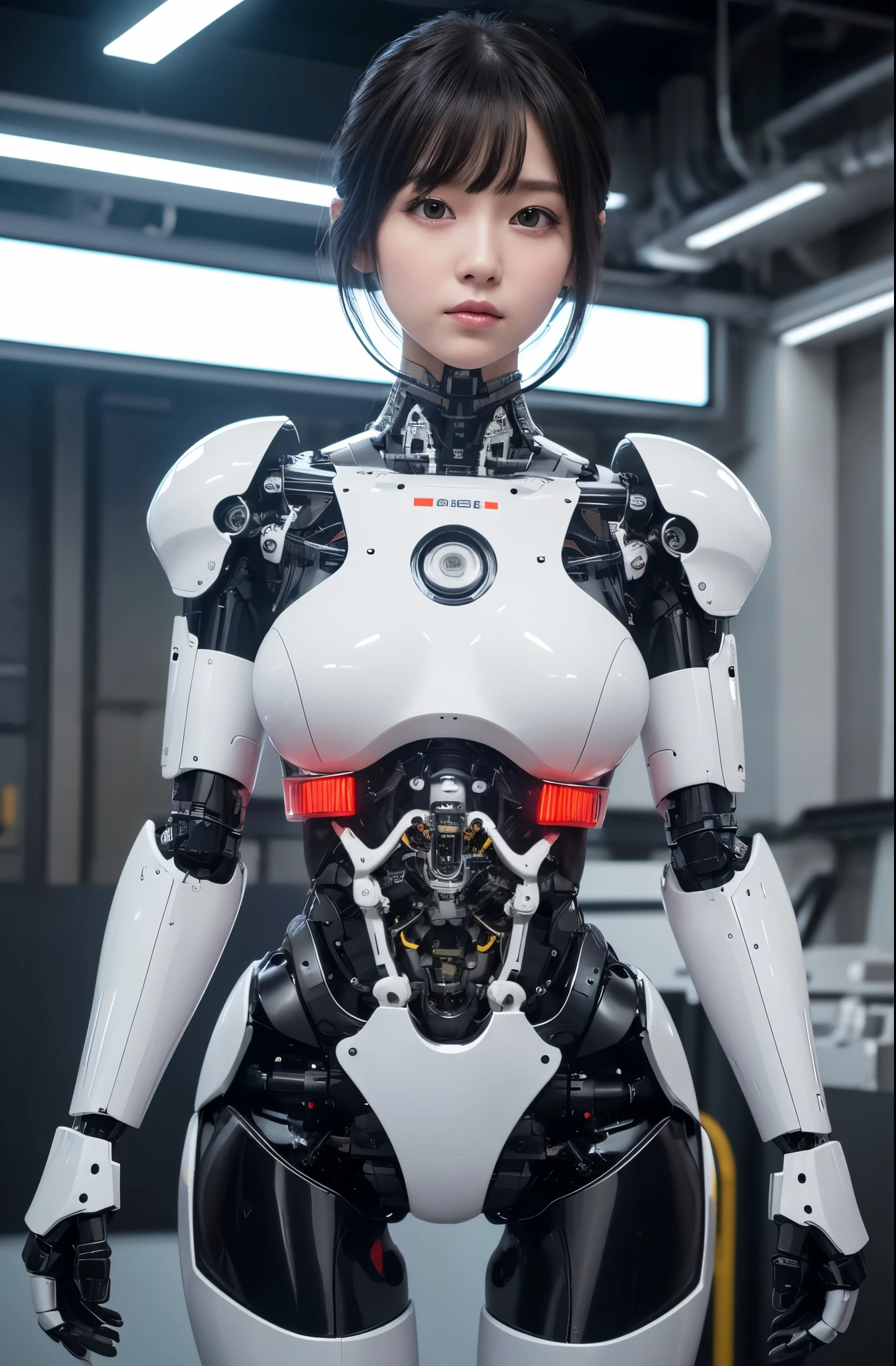 masterpiece, best quality, (photorealistic:1.4), (RAW photo)(8K, 4K, Best Quality, hight resolution, 超A high resolution:1.1), (masutepiece, Realistic, Photorealsitic:1.1), Japaese Cyborg Girls,Plump , announcer,control panels,android,Droid,Mechanical Hand, ,clothes with a sense of mechanical technology, Robot arms and legs, Black Robot Parts,Black hair,Mechanical body,Blunt bangs,White abdomen,White robotics parts,tube dress,perfect robot woman,perfect android woman, perfect mechanical woman,future laboratory,android factory,cyborg factory,robot factory,cyber pank,charging spot,long tube,thick cable connected her neck,bowing,maintainance her,repaired her,full eyes,dark black tights,a bit chubby