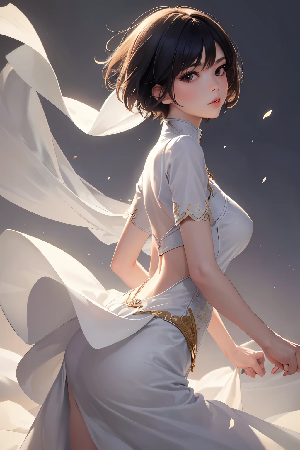 A Chinese girl, with short hair and gracefully wearing a white skirt, is depicted in this 2D, high definition image. Her features are rendered in exquisite detail, each line and curve carefully defined to bring out her unique charm. The white skirt flows softly around her, accentuating her slender figure and adding an ethereal quality to the image. The lighting is crisp and clear, highlighting the intricacies of her features and the subtle textures of her clothing. The overall effect is one of stunning realism and captivating beauty.