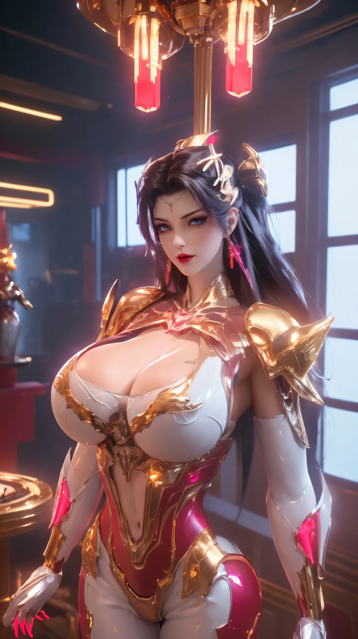 A BUSTY MILF, PORTRAIT,UPPER BODY,SOLO,(BEAUTY PURPLE HAIR, MECHA PHOENIX HELM), (MASSIVE FAKE BOOBIES,CLEAVAGE TOP,MUSCLE ABS:1.5), (((NEON LED RED, GOLDEN, WHITE) SHINY ROBOT MECHANICAL SEXY SKIMPY OUTFIT:1.5)),(CURVY VOLUPTUOUS BODY MATURE WOMAN:1.5), (SWEATY GLOSSY BODYSKIN:1.5), (LOOKING AT VIEWER:1.5),(BACKGROUND FUTURISTIC SPACE STATION:1), (PHOTOREALSITIC:1.4), (ULTRA-DETAILLIERT), (TOP-QUALITY), (BEST SHADOWS), BRIGHT LIGHT IN ROOM, HYPER TEXTURE, (4X MSAA), ((UNREAL ENGINE 5 RENDER)), PHYSICALLY-BASED RENDERING, ULTRA HIGHT DEFINITION, 16K, 1080P.
