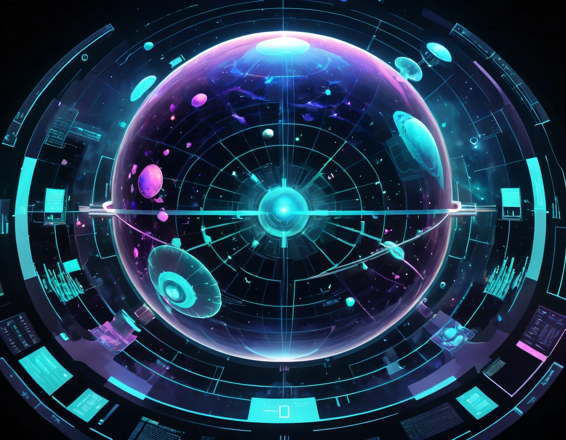 high tech会议大厅中间有未来派transparent空灵天文图，3D astronomical map，Holographic projection astronomical map，Map of cosmic galaxies，spherical，transparent，cyberpunk，X-ray，fluorescence，neon lights，high tech，command hall，Control lobby