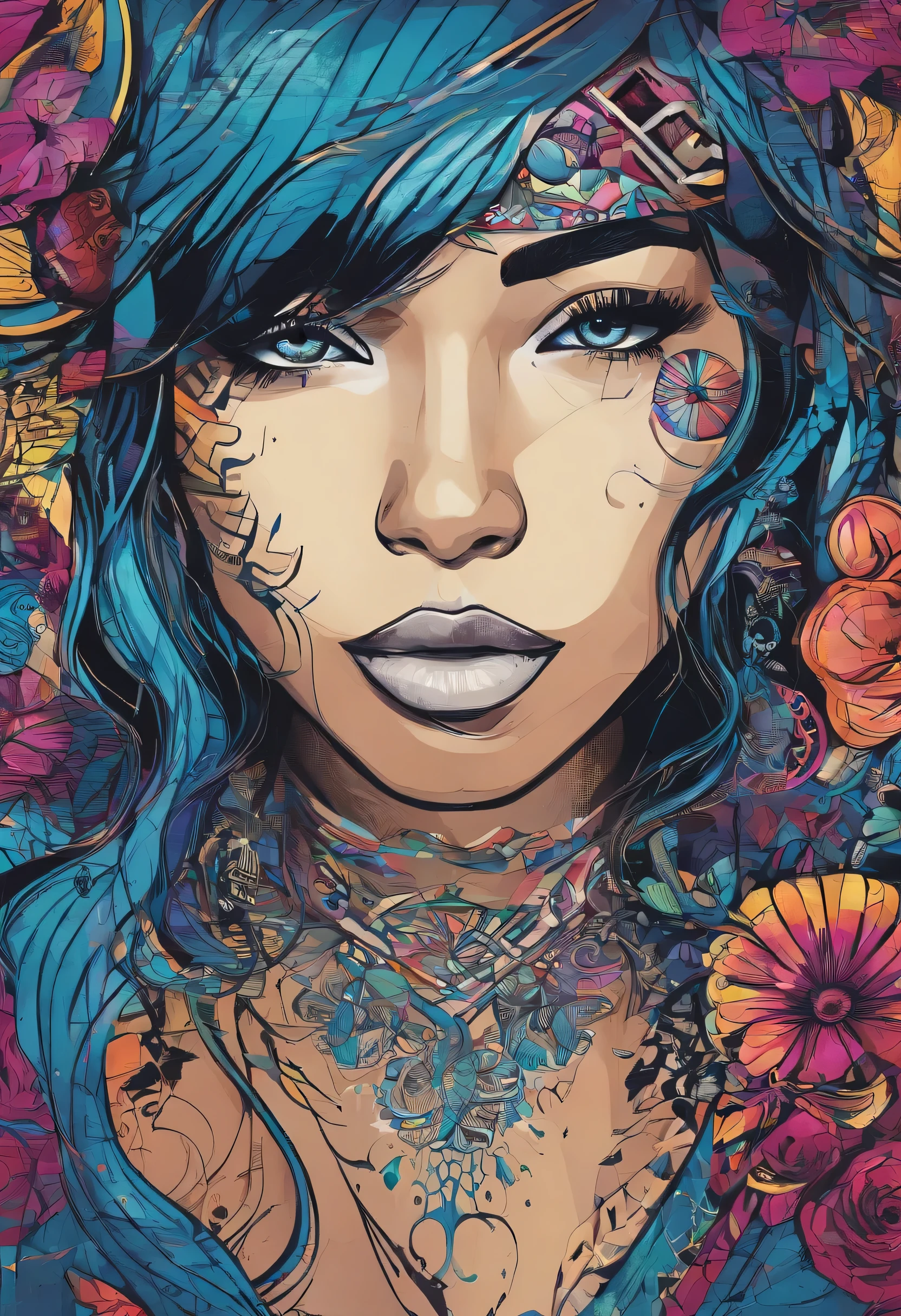bonita Yalitza Aparicio, Retrato de meio comprimento, Cabelo azul brilhante curto e desgrenhado, Sombra negra dos olhos, (Roupas Estilo Urbano:1.2), (Antecedentes da cidade:1.2), Maquiagem escura, Arte Digital, trends on artstation, altamente detalhado, Detalhe fino, intrincado, Belo brilho detalhado, detalhado, cinematiclight, high resolutions, detailed facial features,sharp focus, liso, aesthetic,