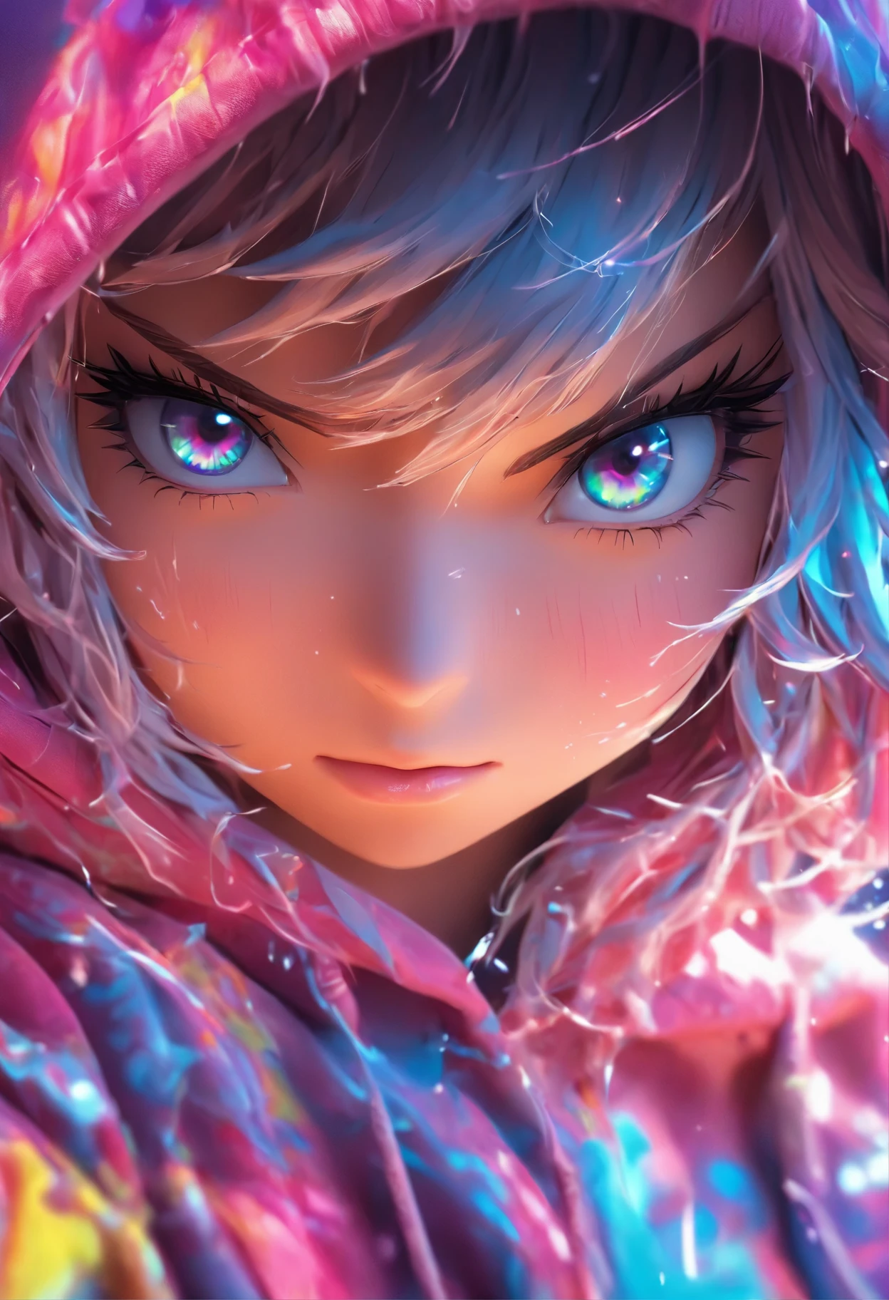 Top quality.。.3D.Masterpiece, high resolution, 8K, Hoodie and anime style girl, One girl, detailed line art,  Digital enhancement, Close up, Anime core, Flowing fabric，Tears