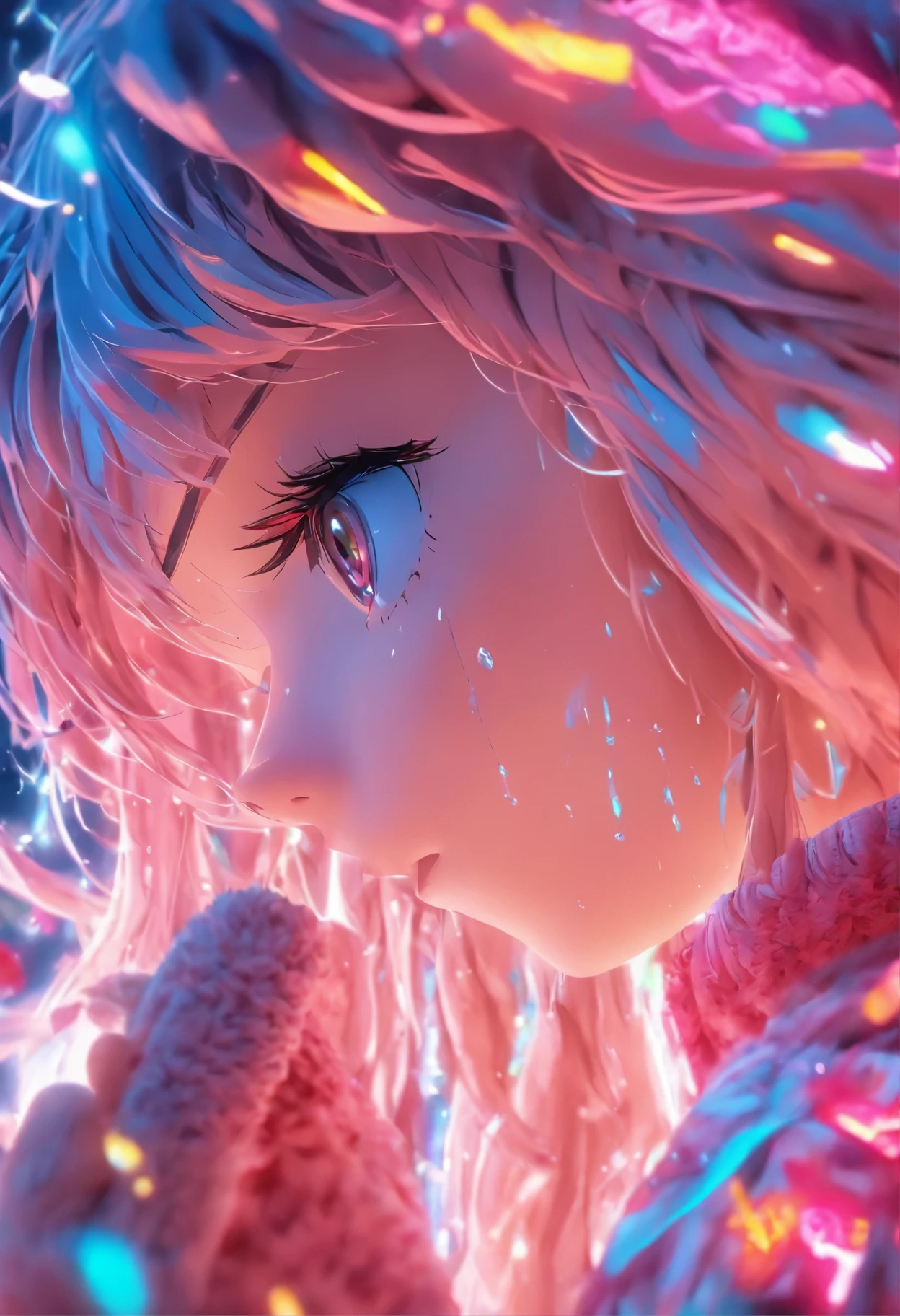Top quality.。.3D.Masterpiece, high resolution, 8K, Hoodie and anime style girl, One girl, detailed line art, Digital enhancement, Close up, Anime core, Flowing fabric,Tears