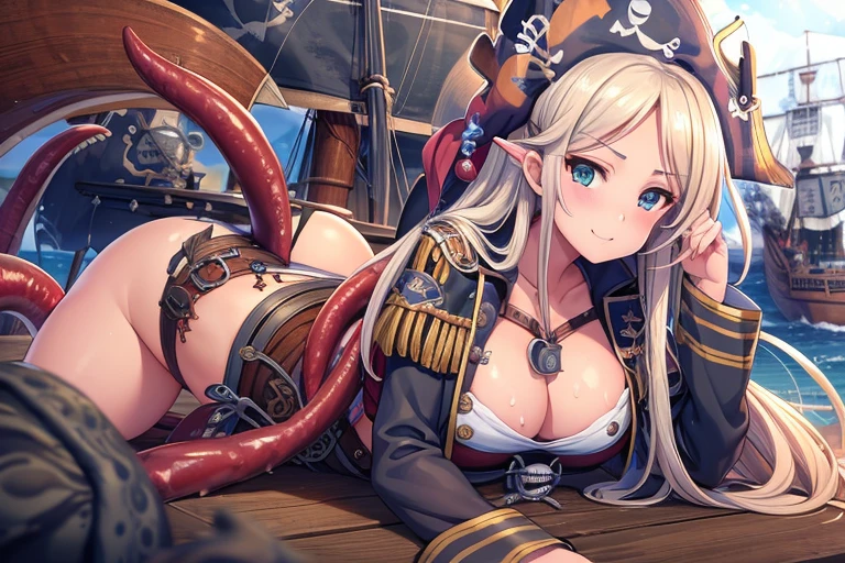 nsfw, 1girl in, solo focus, masterpiece, best quality, 8K, high res, highly detailed girl, highly detailed beautiful face, beautiful eyes,beautiful skin, (female pirate), cowboy shot, dutch angle, (pirate clothes:1.3), (torn clothes), cleavage, (giant squid:1.2), (tentacles:1.2), tentacles sex, vaginal, (pointy ears:0.3), tentacle hair, tentacle bound wrists, cum string, cum on body, cum overflow, (pirate ship:1.5), on deck, sea, doggystyle,