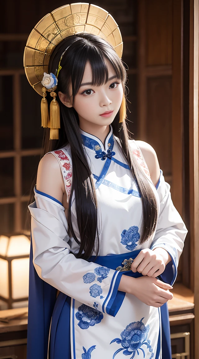 realistic, photography, high details, studio photo, Chinese girl with long hair depicted in the blue and white porcelain style, stands before a chinese element intricate background, incorporates oriental elements into her attire, showcasing clear lines and a design , intricate details,  8k, ultra fine.