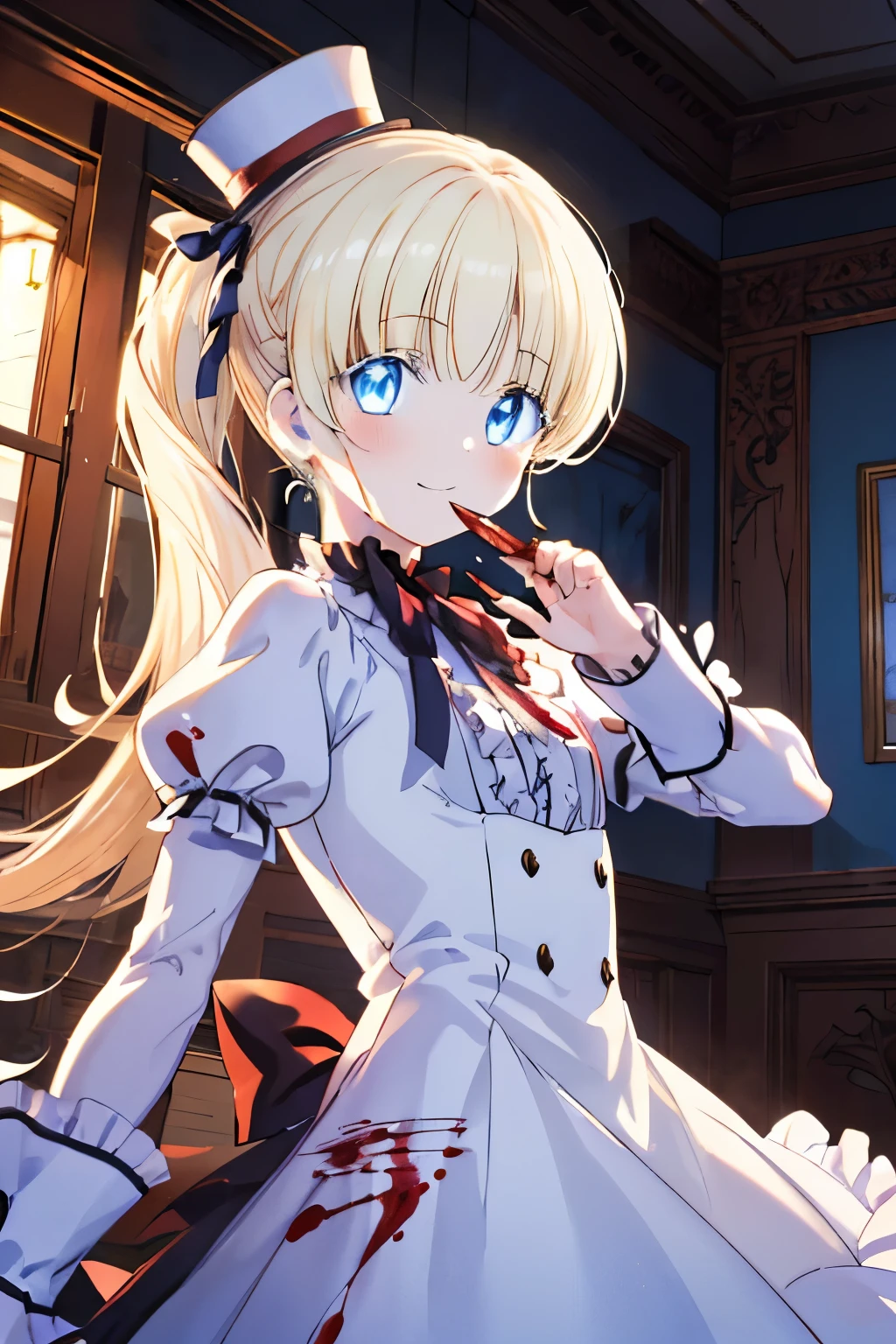 (1girl, solo), blonde hair, side ponytail, (blue eyes:1.5), long hair, (small breast:1.2), (hair ribbon, juliet sleeves, long sleeves, puffy sleeves, blood stained white dress:1.5, frills, top hat, black top hat, hat, hat flower,) looking at viewer, crazy smile, blush, blood, blood on arm, blood on face, blood on clothes, blood on hands, holding knife, knife, indoor, (masterpiece:1.2), best quality, high resolution, unity 8k wallpaper, (illustration:1.5), anime style, (beautiful detailed eyes:1.6), extremely detailed face, perfect lighting, extremely detailed CG, (perfect hands, perfect anatomy), (dynamic pose, dynamic angle:1.1), nadja, red heart brooch, jewelry, serial killer, slasher,