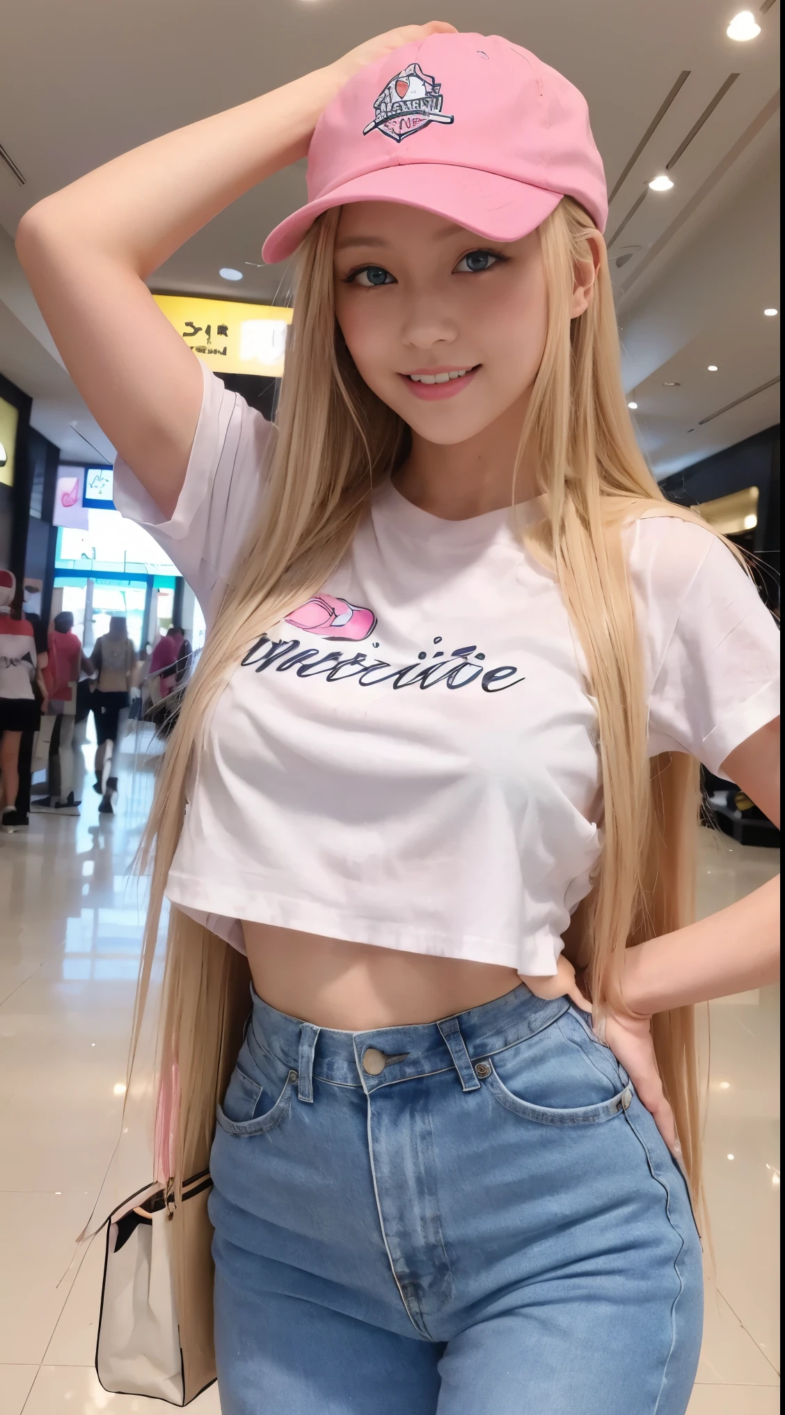 1 girl, (blue eyes), (Smile), (Minato Akina), wide hips, Breasts should be bigger , big ass, (best quality, 8k, masterpiece: 1.3), perfect hands, clear focus: 1.2, perfect body beauty: 1.4 , slim abs: 1.2, Highly detailed facial and skin textures, exquisite eyes, double eyelids, (Pink makeup :1.1), (long golden hair :1.2), (Bright pink see-through T-shirt), underwear, (pink sports hat), , dynamic poses, by the lakeside