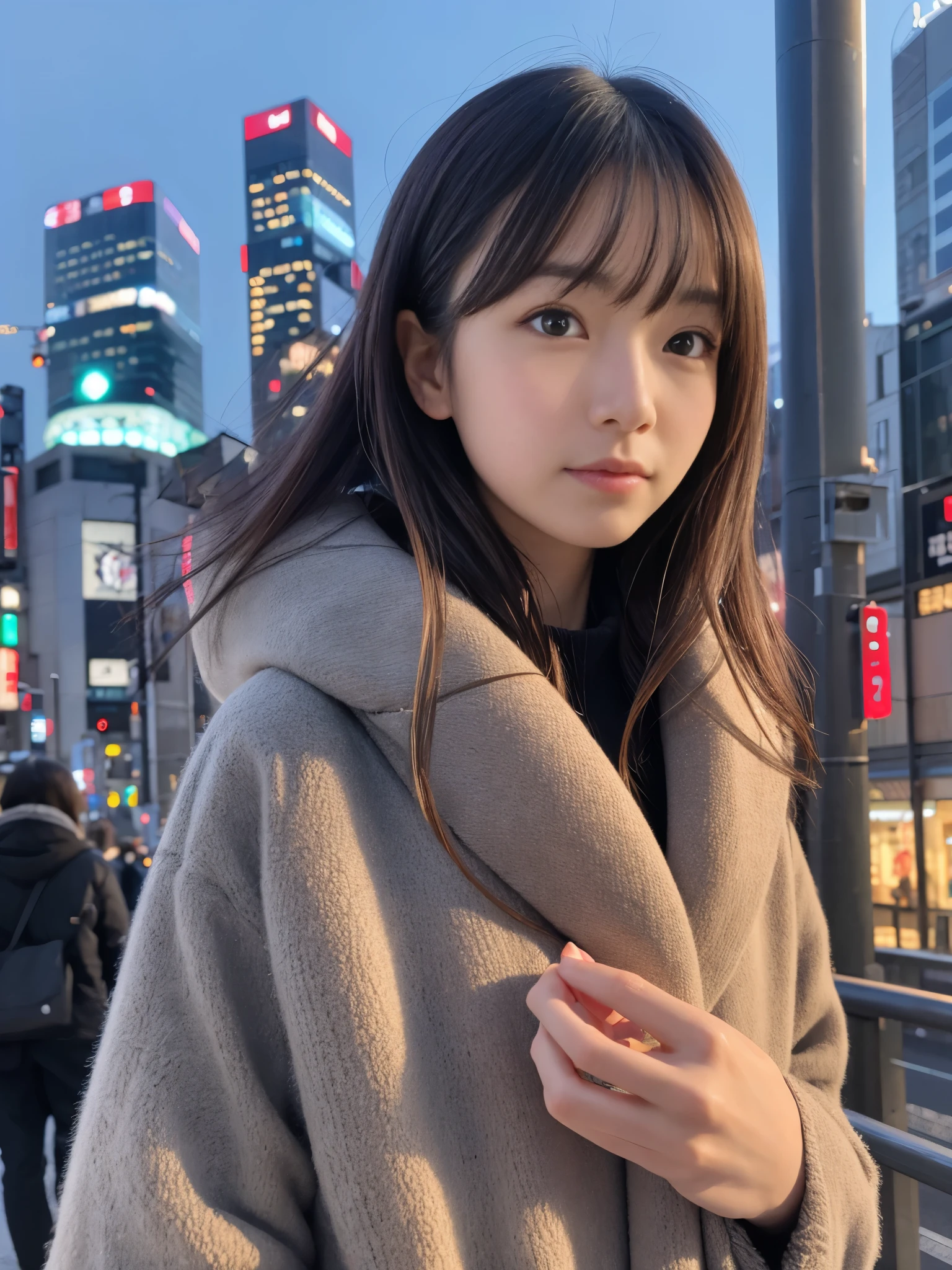 Photoreal, 8K full-length portrait, Beautiful woman, attractive look, Clear system, 20-year-old, Tokyo, winter, Shibuya in the background