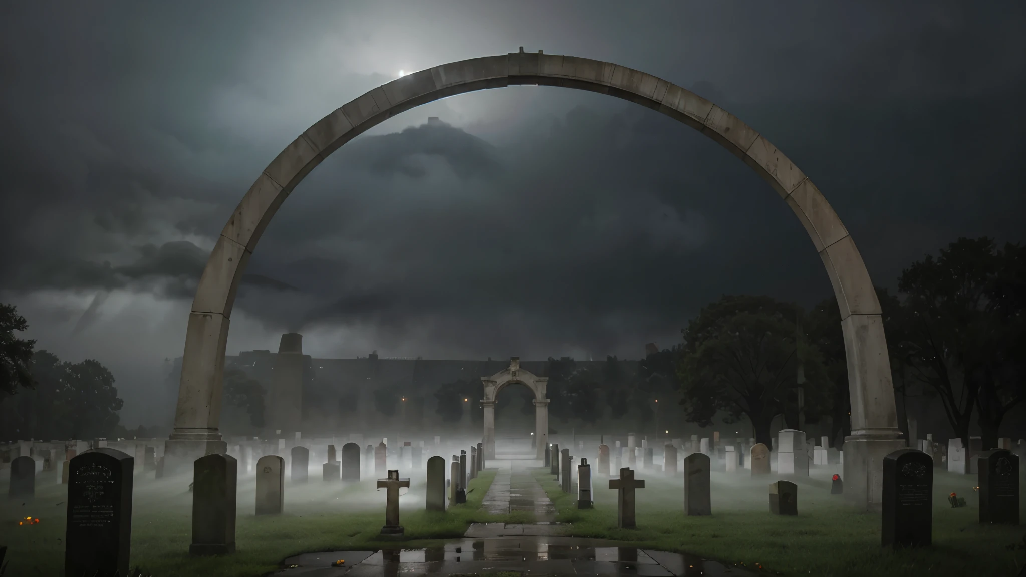 A foggy and creepy photo realistic cemetery in a rainstorm with a glowing arch in the background