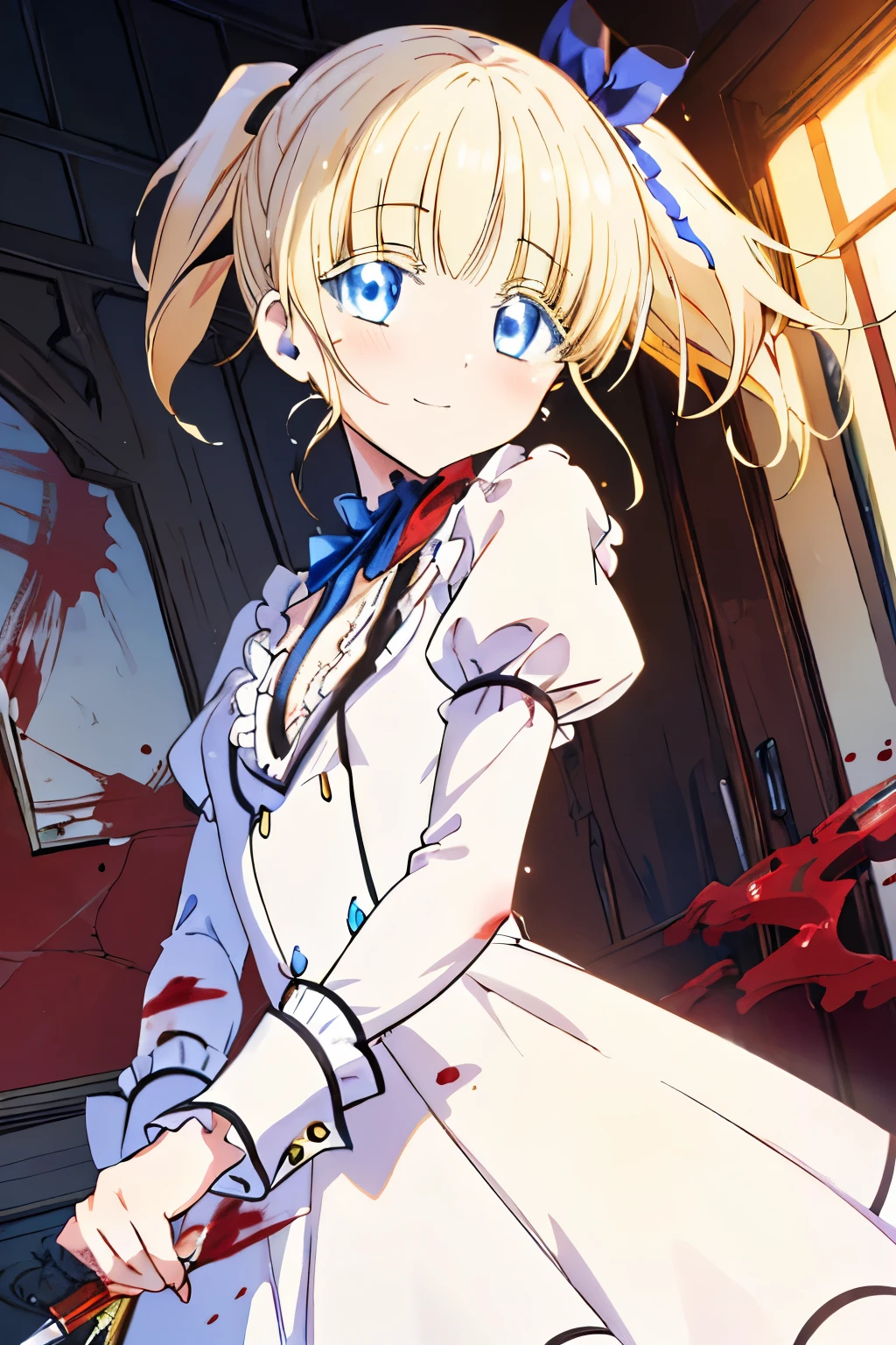 (1girl, solo), blonde hair, side ponytail, (blue eyes:1.5), long hair, (small breast:1.2), (hair ribbon, juliet sleeves, long sleeves, puffy sleeves, blood stained white dress:1.5, frills, top hat, black top hat, hat, hat flower,) looking at viewer, crazy smile, blush, blood, blood on arm, blood on face, blood on clothes, blood on hands, holding knife, knife, indoor, (masterpiece:1.2), best quality, high resolution, unity 8k wallpaper, (illustration:1.5), anime style, (beautiful detailed eyes:1.6), extremely detailed face, perfect lighting, extremely detailed CG, (perfect hands, perfect anatomy), (dynamic pose, dynamic angle:1.1), nadja, red heart brooch, jewelry, serial killer, slasher,