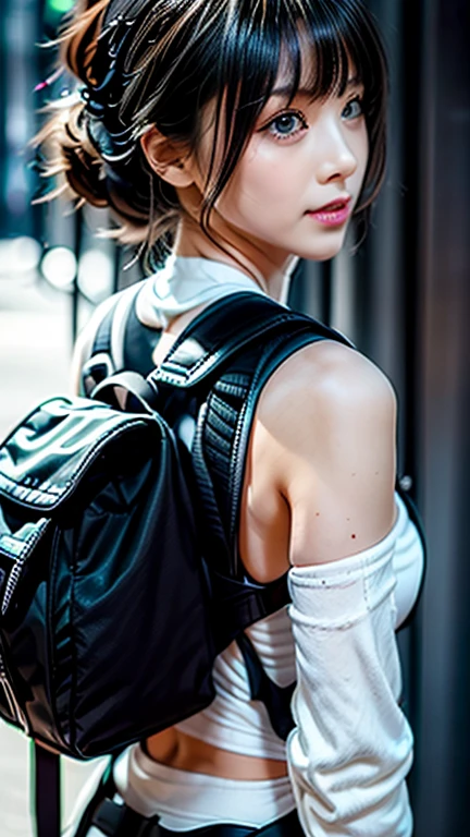 Highest image quality, excellent detail, 超高分辨率, (Realistis: 1.4), ((closeup cleavage:0.75, From the side Side)), realisticlying, Highly concentrated for 1 woman, full bodyesbian, Aim with assault, Fighting posture, (详细的脸), looks into camera, (Fabric color black:0.4 white:0.5 colors:0.1), (Wearing summer clothes is like, mitts,Black and gray mechs, military harness, Take it, Wearing a high-tech backpack), background grey, Fingers are occluded