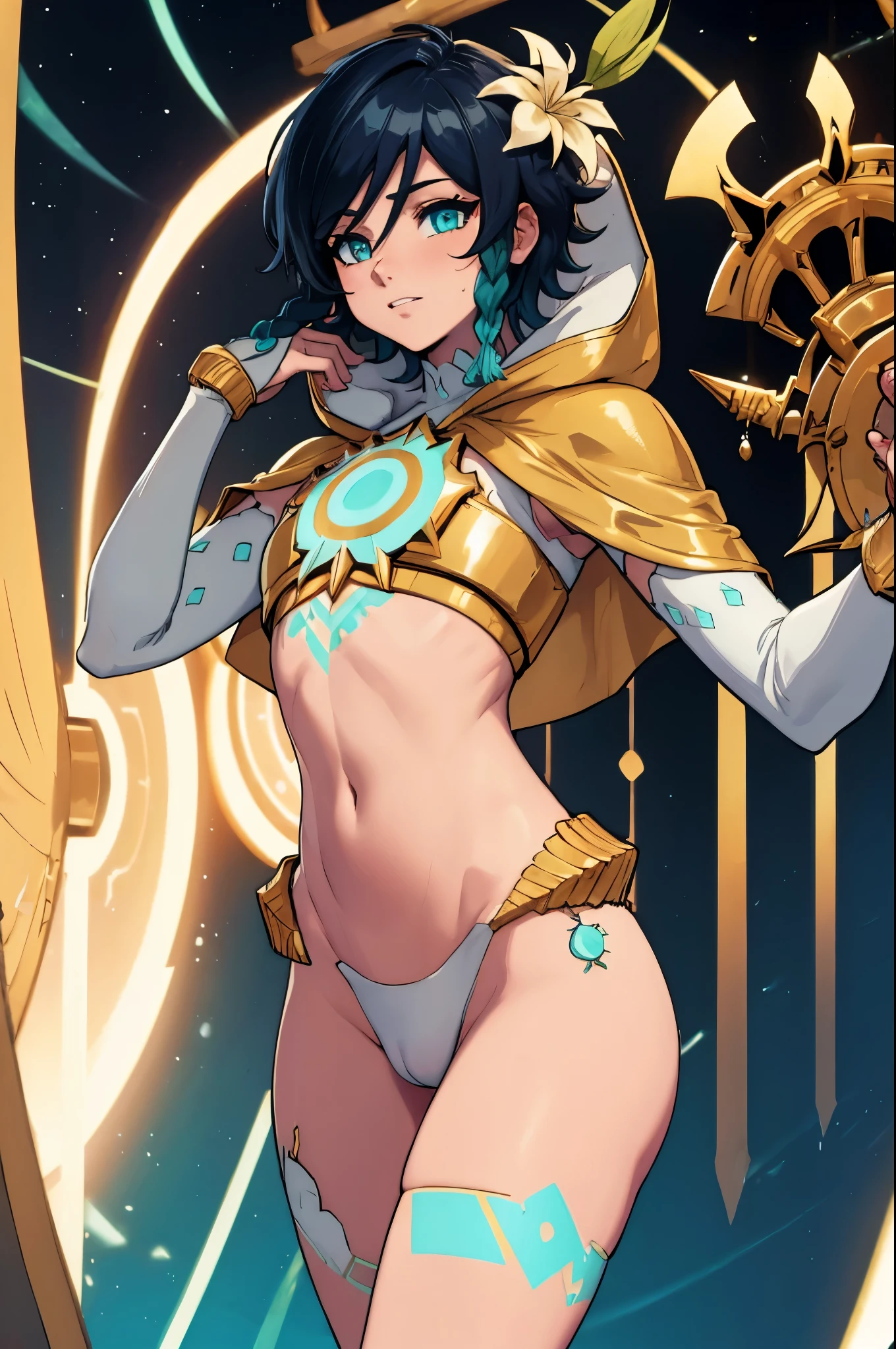 ventiarc, hair flower, crop top, bridal gauntlets, hooded capelet, single thighhigh, midriff, naked, male nipples, femboy, 1boy, solo, sweat, jacking off, erect penis, testicles