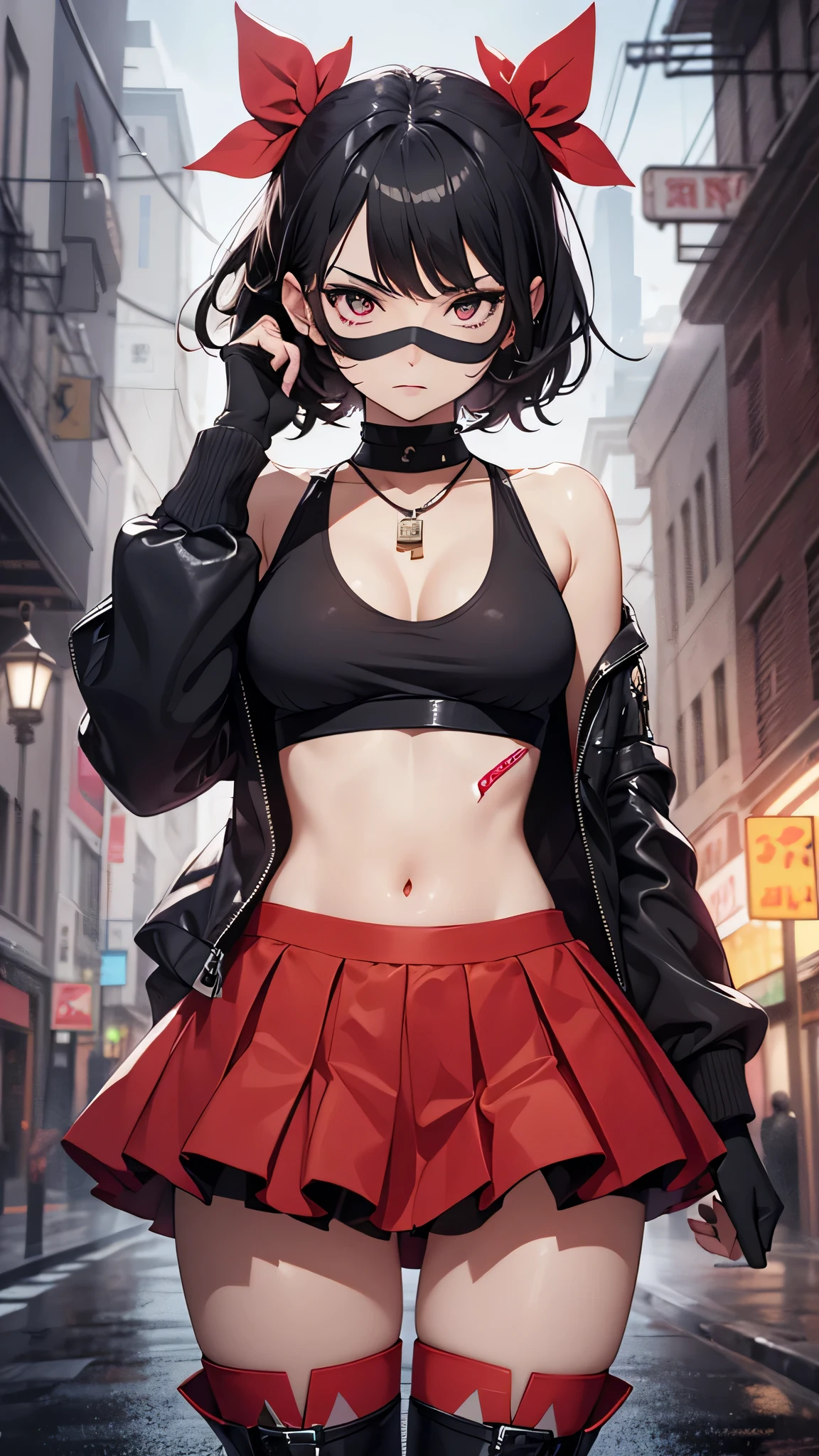 最high quality、best image quality、masterpiece、age girl((18-year-old、 By becoming、vest bust、medium bust,wide open breast tea、black eye, black hair、shortcut、short hair、thin,highest valley、Perforated gloves、Hachimaki、My whole body is full of scars、black tank top、red short skirt、anger expression、red necklace、black stockings、red boots、red heat mask,Japanese sword、red coat、flash)),high quality、beautiful art、background((Dark road、Red rain、red lighting、Red Moon、bloody road、dark city)),debris flies、Depth of written boundary、movie、visual art、perfect art、8K,genuine