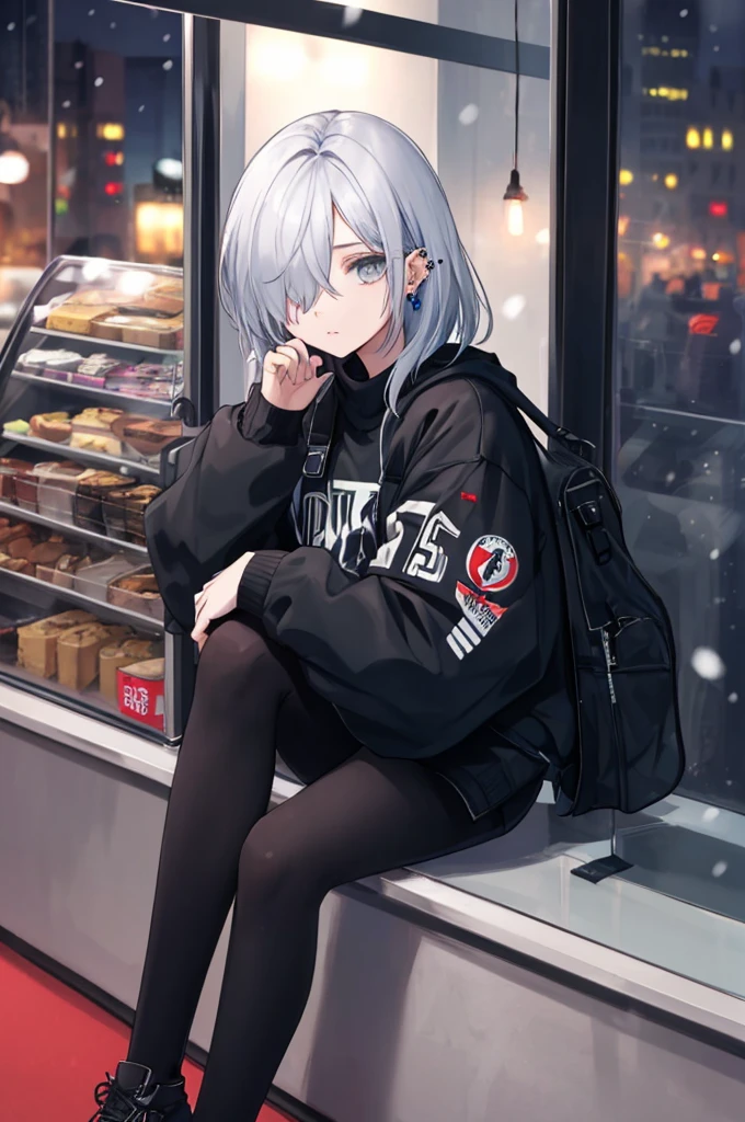 ((masterpiece:1.4, best quality:1.2)), 1girl, solo focus, beautiful skin, white sweatshirt, long white hair, grey eyes, black legwear, sitting, earrings, piercing, coffee shop window, night, snowing, cityscape, tall female, beautiful and delicate female, comfy ambience, {correct posing}, {detailed background}, a miniskirt, hair over one eye