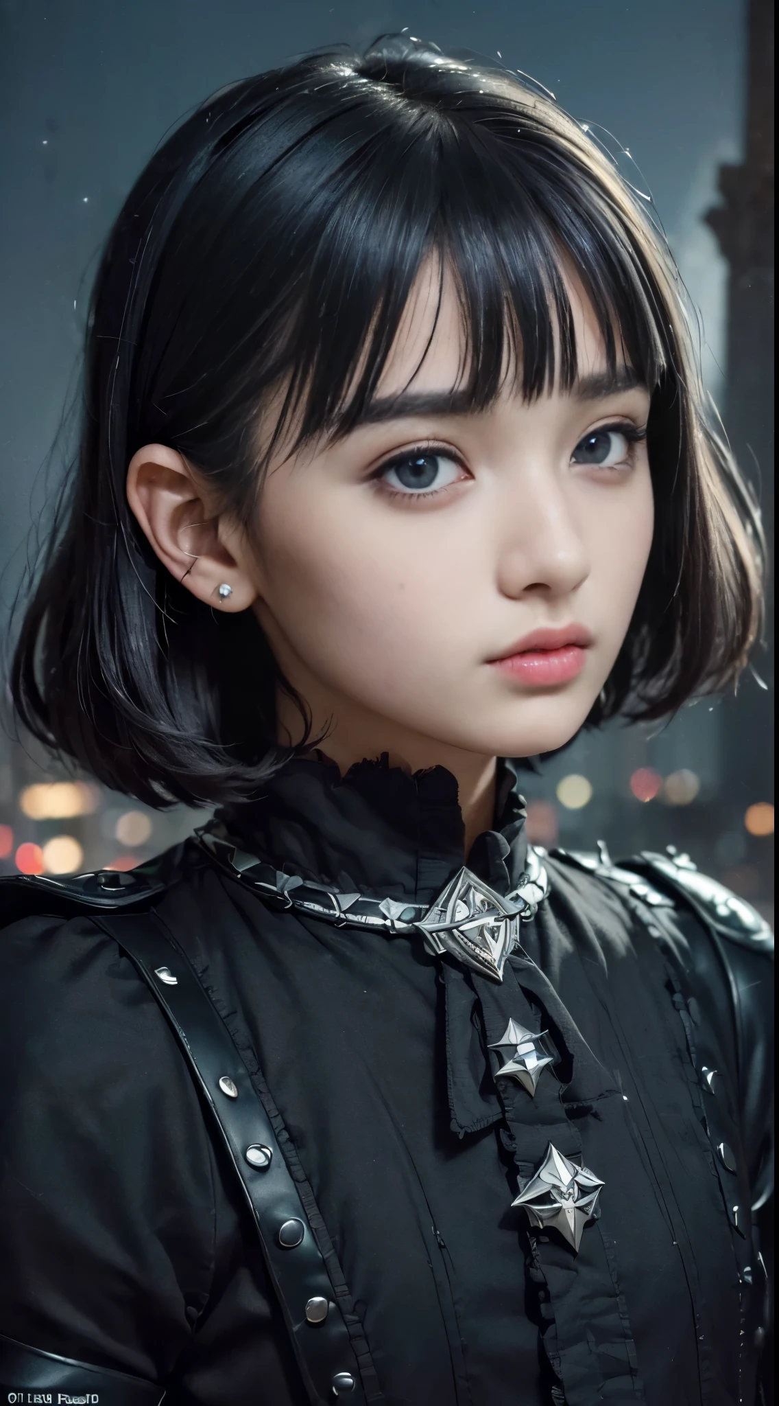 (((Masterpiece, top quality, ultra-detailed: 1.5)), (((1 Infinity Mage Girl)), ,
((Very detailed face: 1.4)), small thin nose, small thin-lipped mouth,
((Very sharp focused eyes: 1.3)), very large slit precision pale grey eyes,
sparkling like jewels. very very short bob cut black hair, curled with intricate ringlets, ((thick bangs: 1.1)), ((Steampunk fashion: 0.8)), ((Gothic Lolita fashion: 0.8)), (((Ruins of a very dark night))).