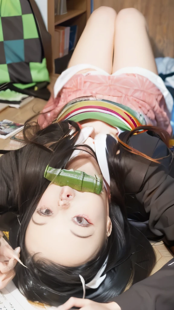 anime girl laying on the floor with her head on a book, nezuko-chan, nezuko, hanayamata, anime visual of a cute girl, anime cover, onmyoji portrait, kimetsu no yaiba, waifu, , official artwork, illustrated anime, detailed digital anime art, the anime girl is crouching