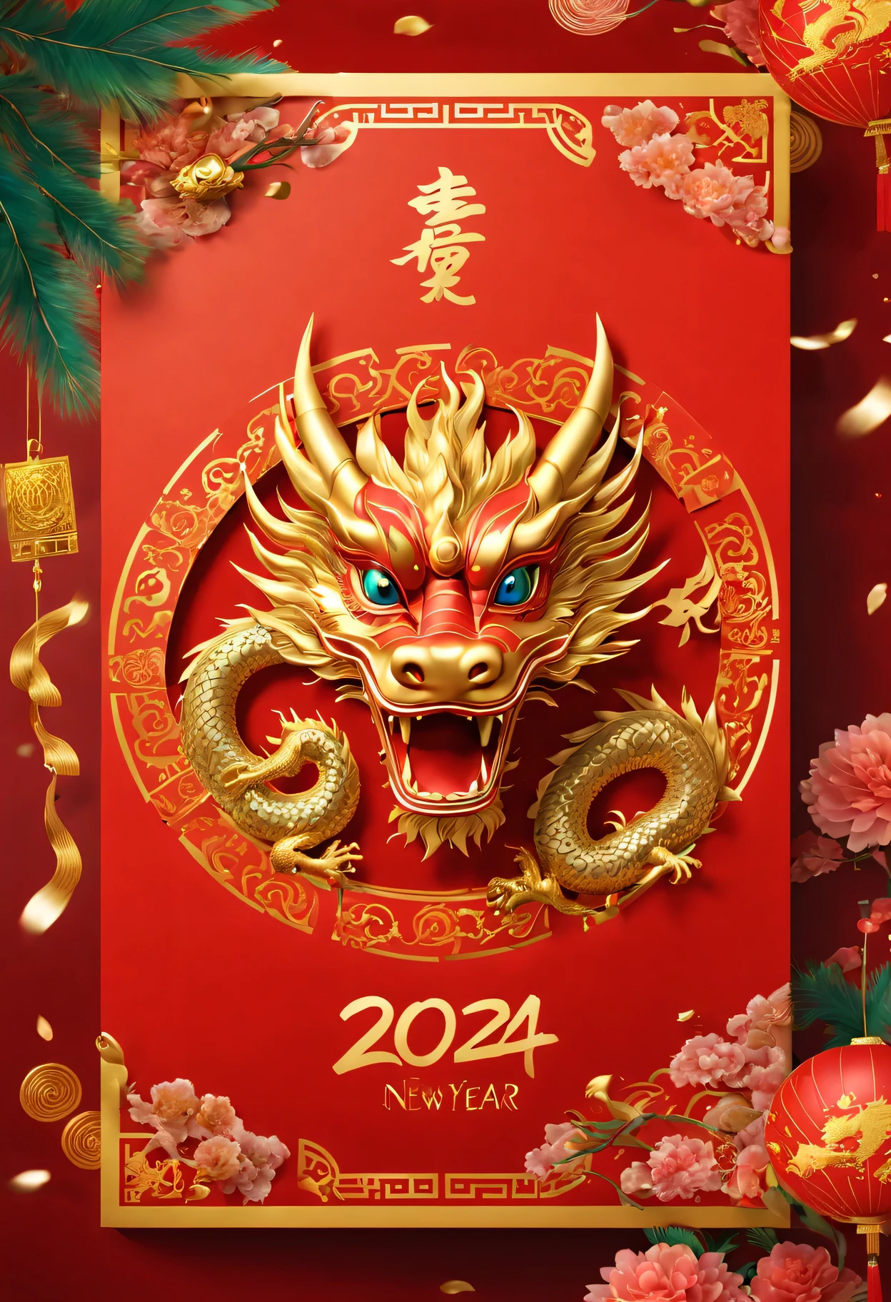 Red envelopes, 封面有一条金色的中国dragon和文字"New Year 2024”（Boutiques，4K，masterpiece：1.2），Super fine，human development report，bright colors，spring，Shiny and vibrant，festive atmosphere，Chinese traditional elements background，Intricate decorative borders on envelopes，dragon&#39;Her eyes sparkle with magic and hope，Fireworks twinkling in the night sky。