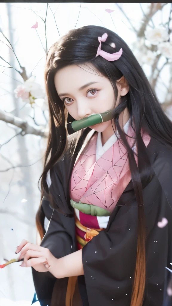 a woman in a kimono outfit holding a flower in her hand, nezuko-chan, nezuko, demon slayer rui fanart, anime visual of a cute girl, artwork in the style of guweiz, the piercing stare of yuki onna, made with anime painter studio, kaguya ōtsutsuki, haruno sakura, from sengoku period