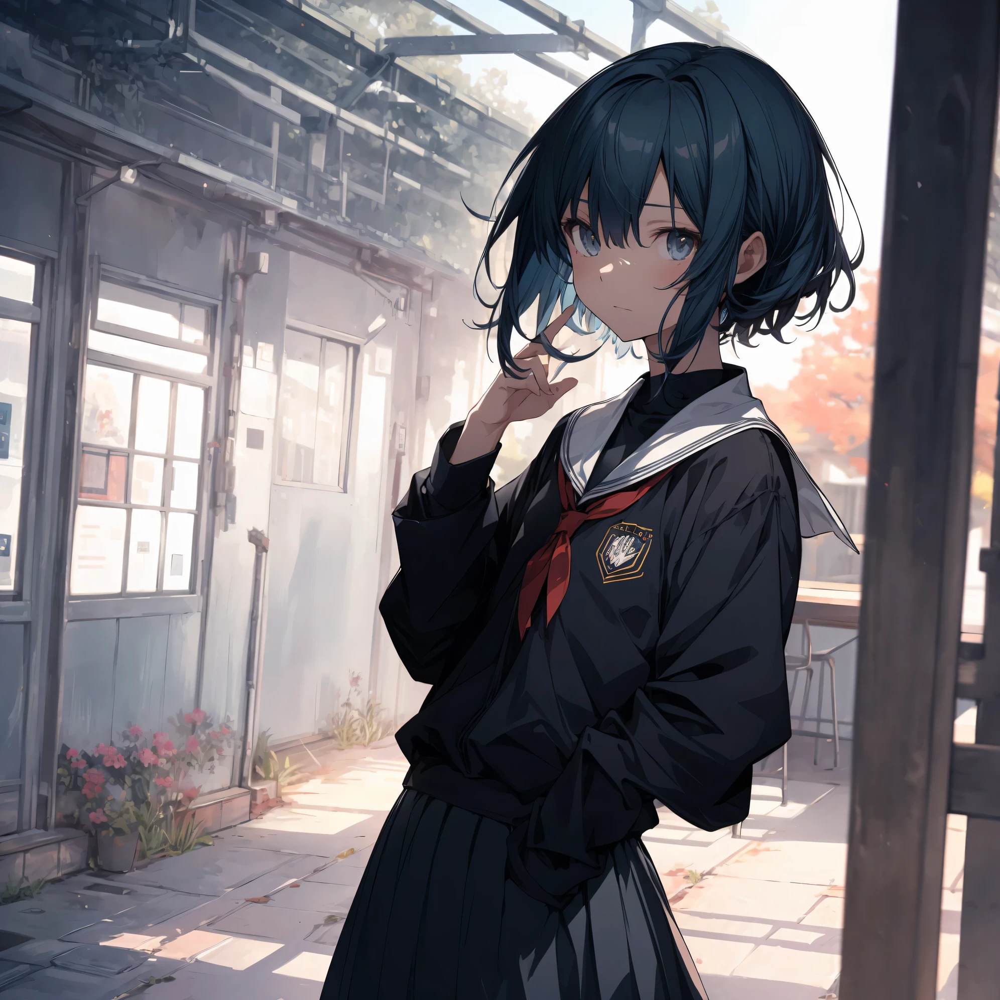 Super high quality by the art god, super detailed, High resolution,Shinkai Makoto style, anime moe art style, best anime 8K konachan wallpaper, pixiv contest winner, perfect anatomy, break,(眠そうにalone学校へ行く女の子を描いてください. ),break, surreal high school girl, (alone,lolita, , 13 years old:1.3),All limbs, full finger,, androgynous charm, (very short hair), messy hair, flat chest, , small ass, between legs, Small black eyes, we say, beautiful and fine eyes, Well-proportioned iris and pupils, disgusted eyes, High resolutionの詳細な髪, wearing school uniform, (skirt), On the way to school. break,super dense skin, Best lighting by famous artists, 8K, figure,