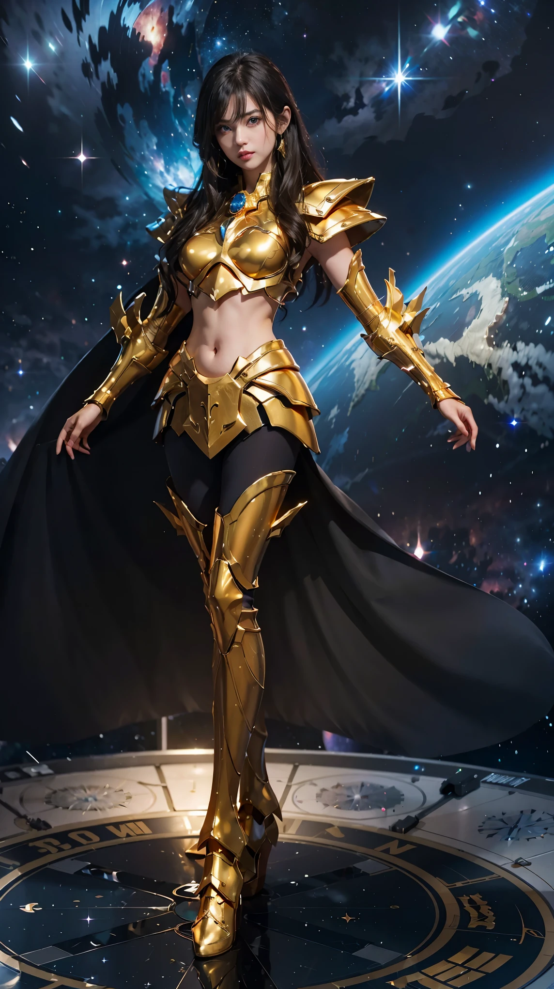 realistically， masterpiece， best quality， Realism，super realistic，high resolution, 1 girl， is a perfect face， Tight cover clear vinyl，blue eyes， pale skin， Pisces，( Golden armor with white parts)，Armor set with diamonds， ((Exposes the at the base of the thigh，big breasts:1.0))，Show belly， line art， low pitch， sharp focus， Octane renderer，(Space starry sky background，Step on the magic circle:1.2)