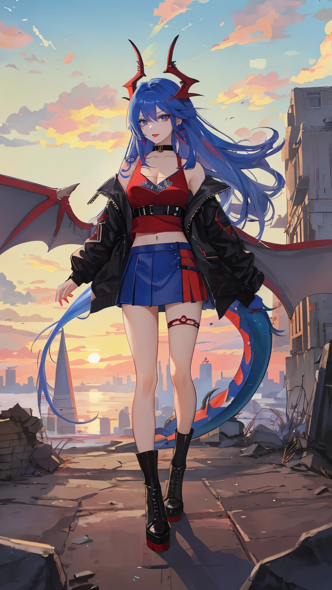 Blue and red hair,long blue hair,long red hair,red lips,close up,dream world,Dragon royal sister, Red and blue highlights for long hair,Nice blue eyes,earrings,一对dragon horn,earrings(dragon horn,Dragon Wings),collar choker,navel-baring outfit,Sky,sunset,humanoid, Detailed urban background, Ruined city, fair complexion,Short leather skirt,Black half-leg sports socks, leg rings,Black Martin boots,tattoo