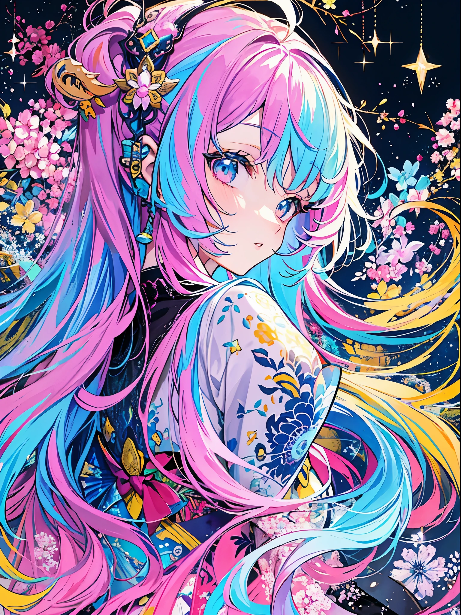 (​masterpiece、top-quality、top-quality、watercolor paiting(Curly)、Official Art、Beautifully Aesthetic:1.2)、(1girl in:1.3)、(Fractal art:1.3)、The upper part of the body、from side、looking at the viewers、patterns、(rainbow-colored hair、colourful hair、Half blue and half pink hair:1.2)、Eau、liquids、云、colourfull、starrysky、stele、Splashes of bright colors、Rough kanji、