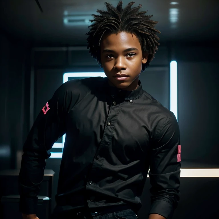 Black teen boy, neon lights background, black NYC shirt. Realistic