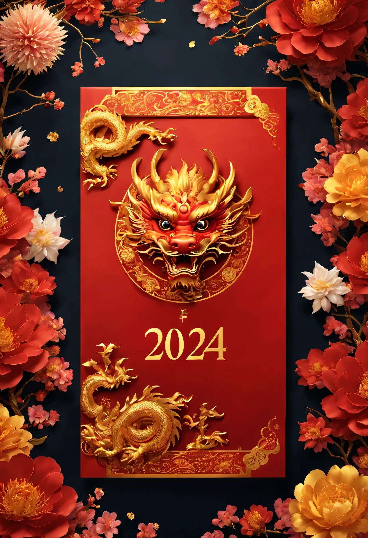 a red envelope，There is a golden Chinese dragon on the cover，It says "new year 2024" It says (Boutiques, 4K, masterpiece: 1.2), Super fine, human development report, bright colors, spring flowers, sparkling，Energetic, festive atmosphere, With traditional Chinese elements as the background, Intricate decorative borders on envelopes, Dragon eyes sparkle with magic and hope, 以及夜空中sparkling的烟花.
