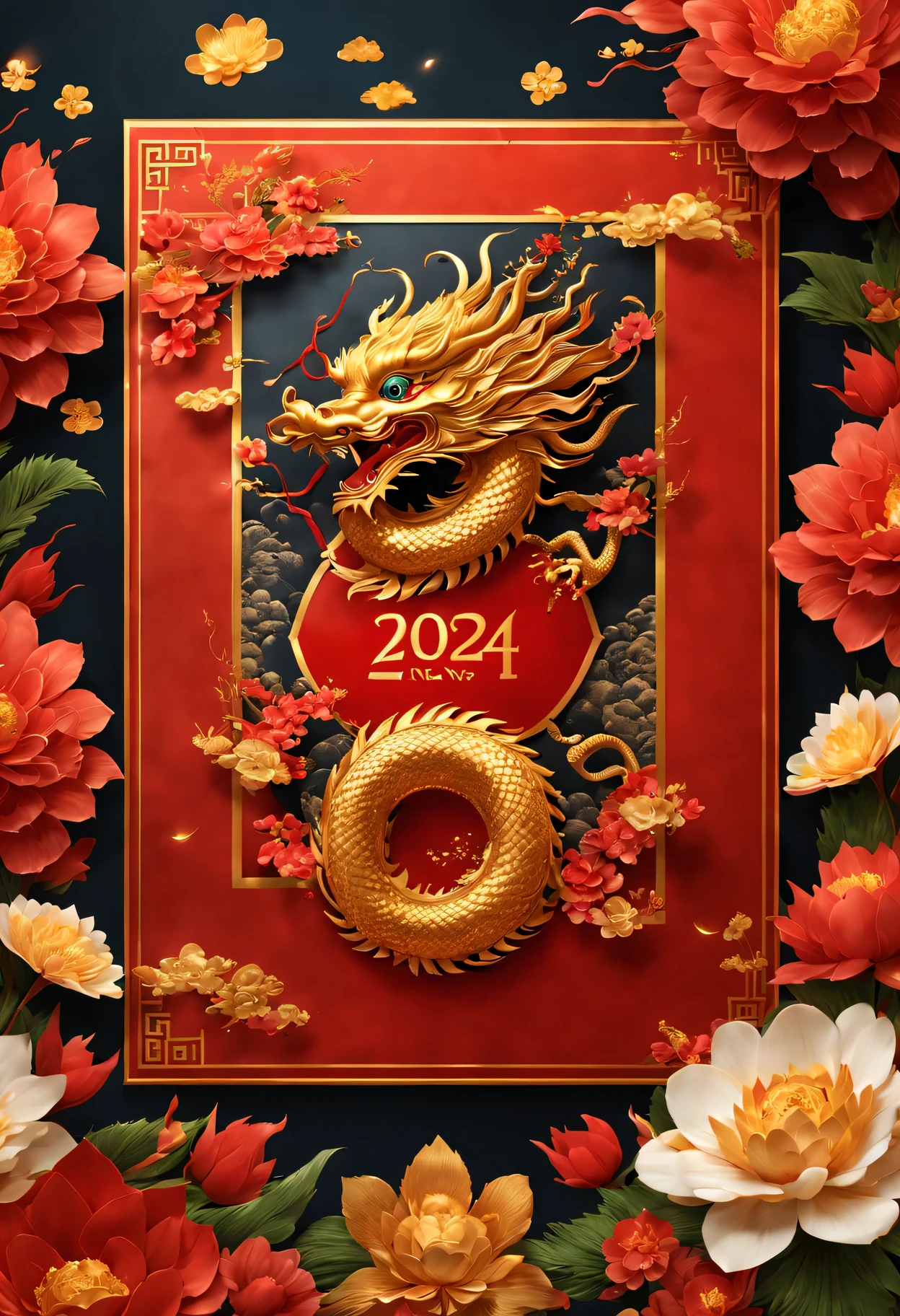 a red envelope,There is a golden Chinese dragon on the cover,It says "new year 2024" It says (Boutiques, 4K, masterpiece: 1.2), Super fine, human development report, bright colors, spring flowers, sparkling,Energetic, festive atmosphere, With traditional Chinese elements as the background, Intricate decorative borders on envelopes, Dragon eyes sparkle with magic and hope, 以及夜空中sparkling的烟花.