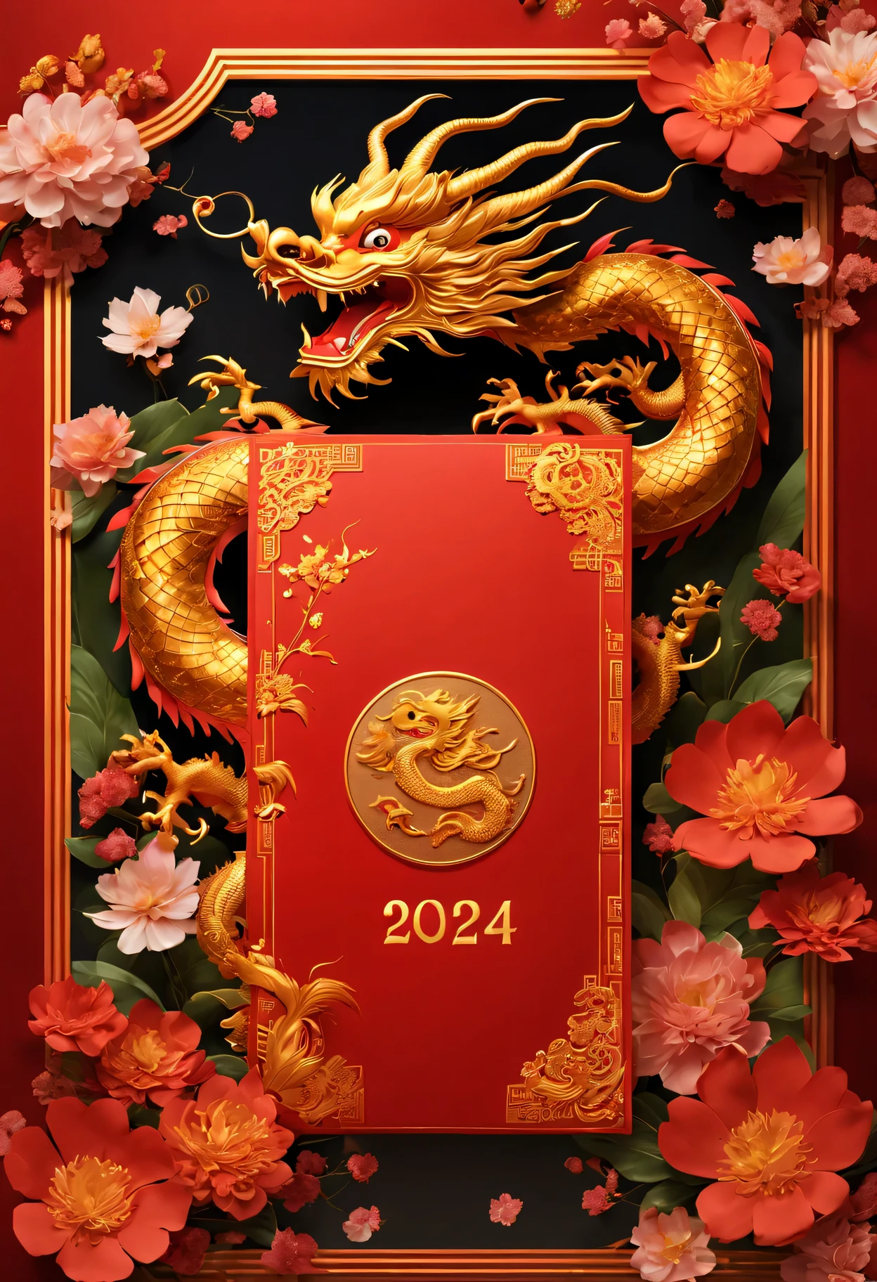 a red envelope,There is a golden Chinese dragon on the cover,It says "new year 2024" It says (Boutiques, 4K, masterpiece: 1.2), Super fine, human development report, bright colors, spring flowers, sparkling,Energetic, festive atmosphere, With traditional Chinese elements as the background, Intricate decorative borders on envelopes, Dragon eyes sparkle with magic and hope, 以及夜空中sparkling的烟花.