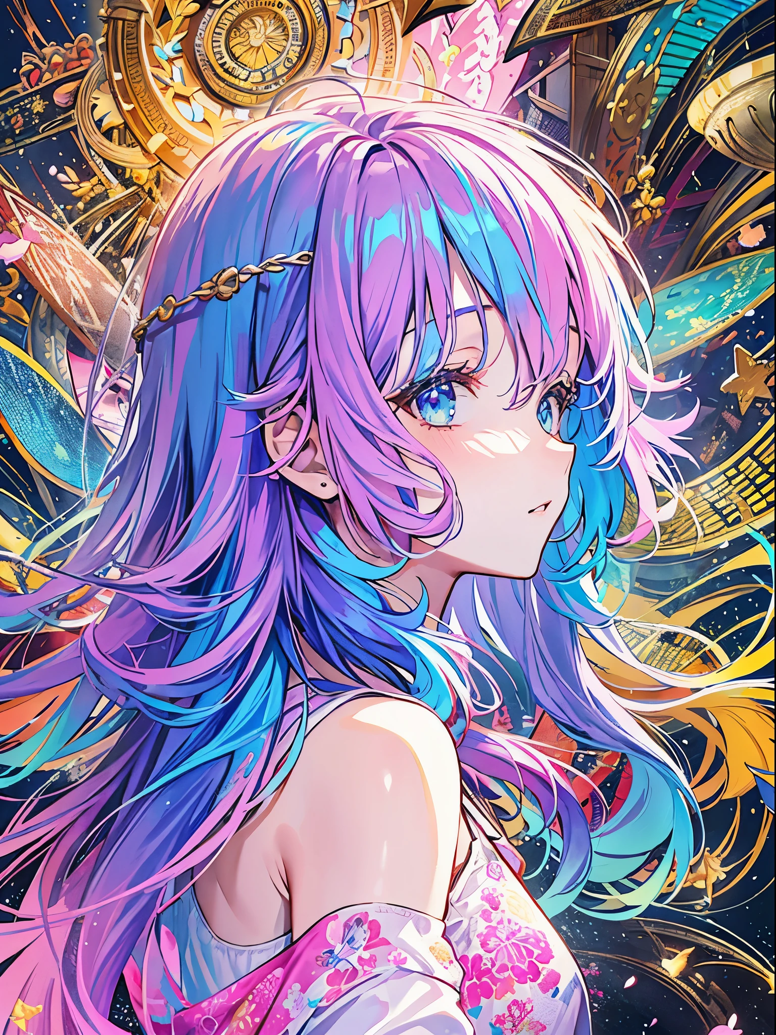 (​masterpiece、top-quality、top-quality、watercolor paiting(Curly)、Official Art、Beautifully Aesthetic:1.2)、(1girl in:1.3)、(Fractal art:1.3)、The upper part of the body、from side、looking at the viewers、patterns、(rainbow-colored hair、colourful hair、Half blue and half pink hair:1.2)、Eau、liquids、云、colourfull、starrysky、stele、Splashes of bright colors、Rough kanji、