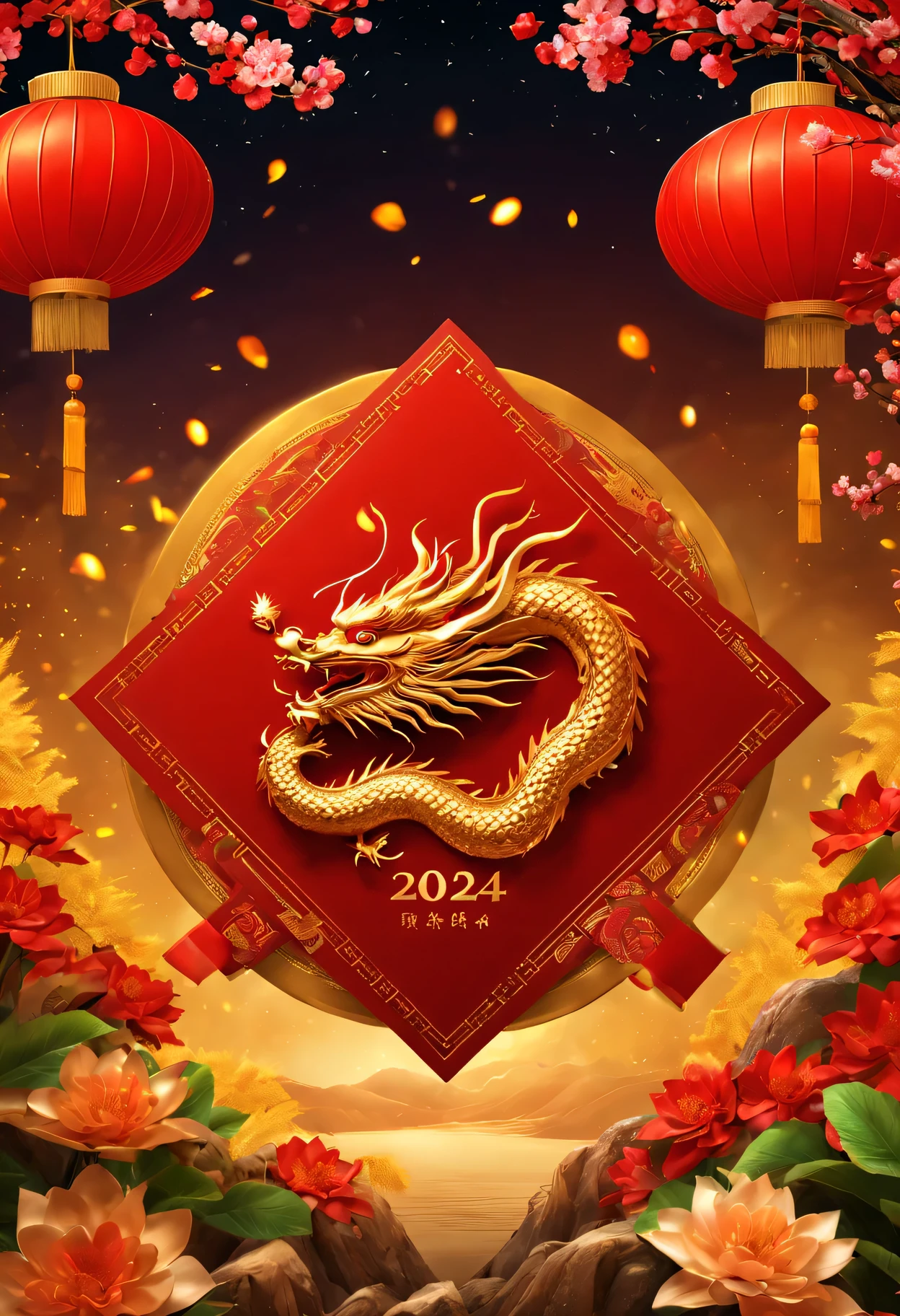 Red envelopes，The cover has a golden Chinese dragon and words"Happy New Year 2024"words，（Boutiques，4K，masterpiece：1.2），Super fine，human development report，bright colors，spring，Shiny and vibrant，festive atmosphere，Chinese traditional elements background，Intricate decorative borders on envelopes，dragon&#39;Her eyes sparkle with magic and hope，Fireworks twinkling in the night sky。