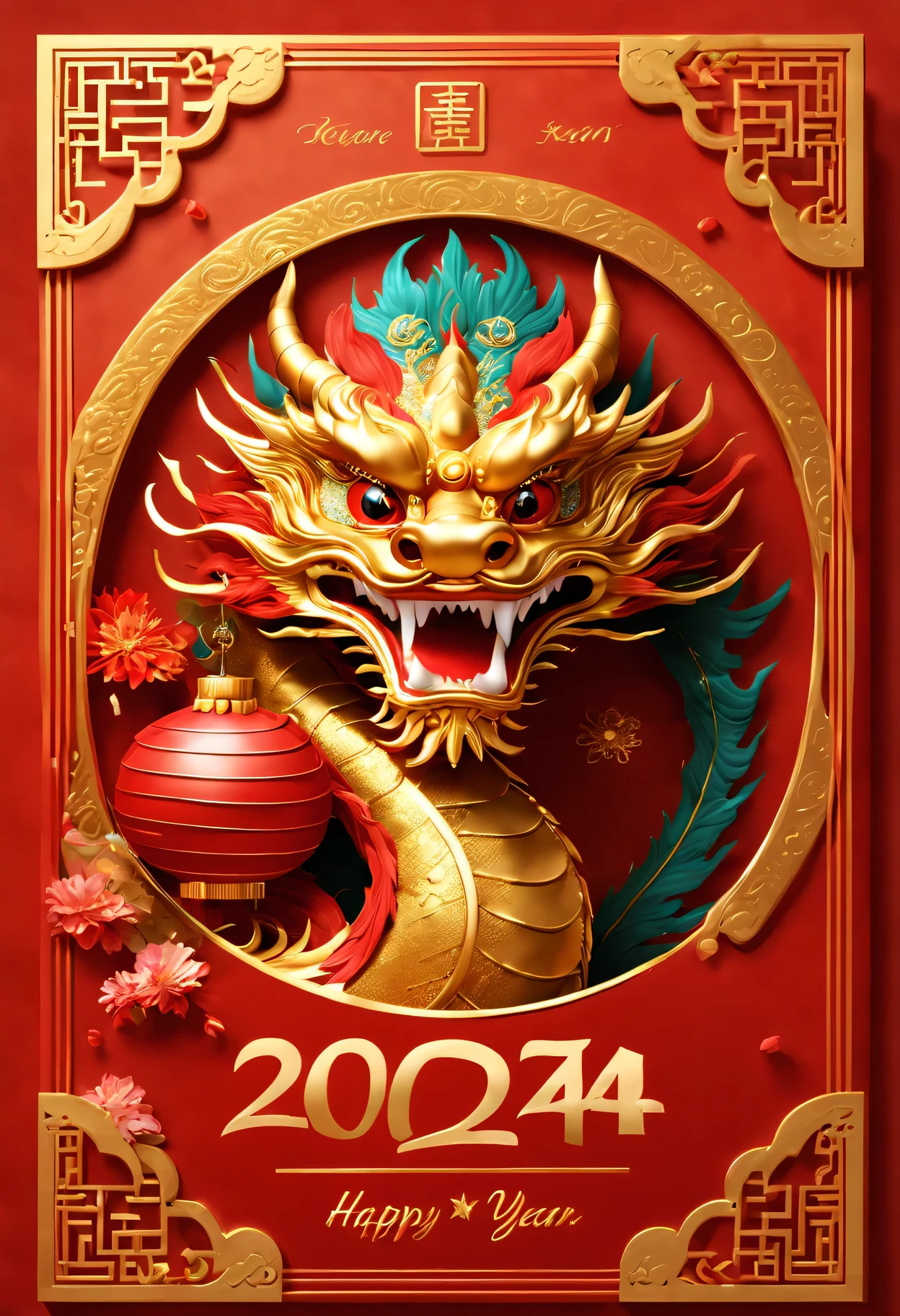 Red envelopes,The cover has a golden Chinese dragon and words"Happy New Year 2024"words,(Boutiques,4K,masterpiece:1.2),Super fine,human development report,bright colors,spring,Shiny and vibrant,festive atmosphere,Chinese traditional elements background,Intricate decorative borders on envelopes,dragon'Her eyes sparkle with magic and hope,Fireworks twinkling in the night sky。