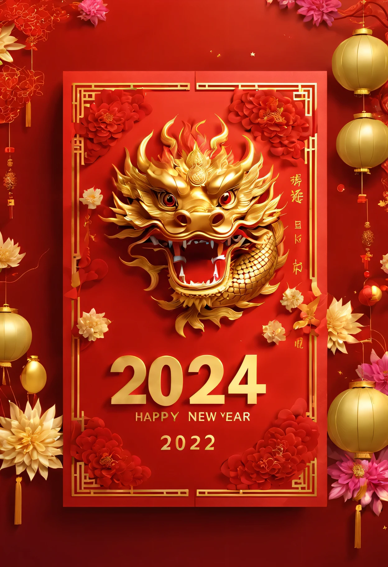 Red envelopes，The cover has a golden Chinese dragon and words"Happy New Year 2024"words，（Boutiques，4K，masterpiece：1.2），Super fine，human development report，bright colors，spring，Shiny and vibrant，festive atmosphere，Chinese traditional elements background，Intricate decorative borders on envelopes，dragon&#39;Her eyes sparkle with magic and hope，Fireworks twinkling in the night sky。