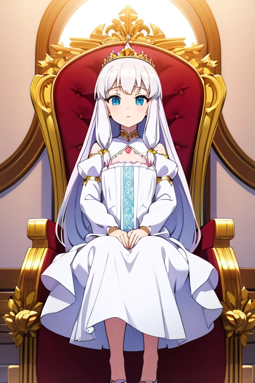 Princess girl with long white hair, 
in a long fluffy dress, sitting on the throne