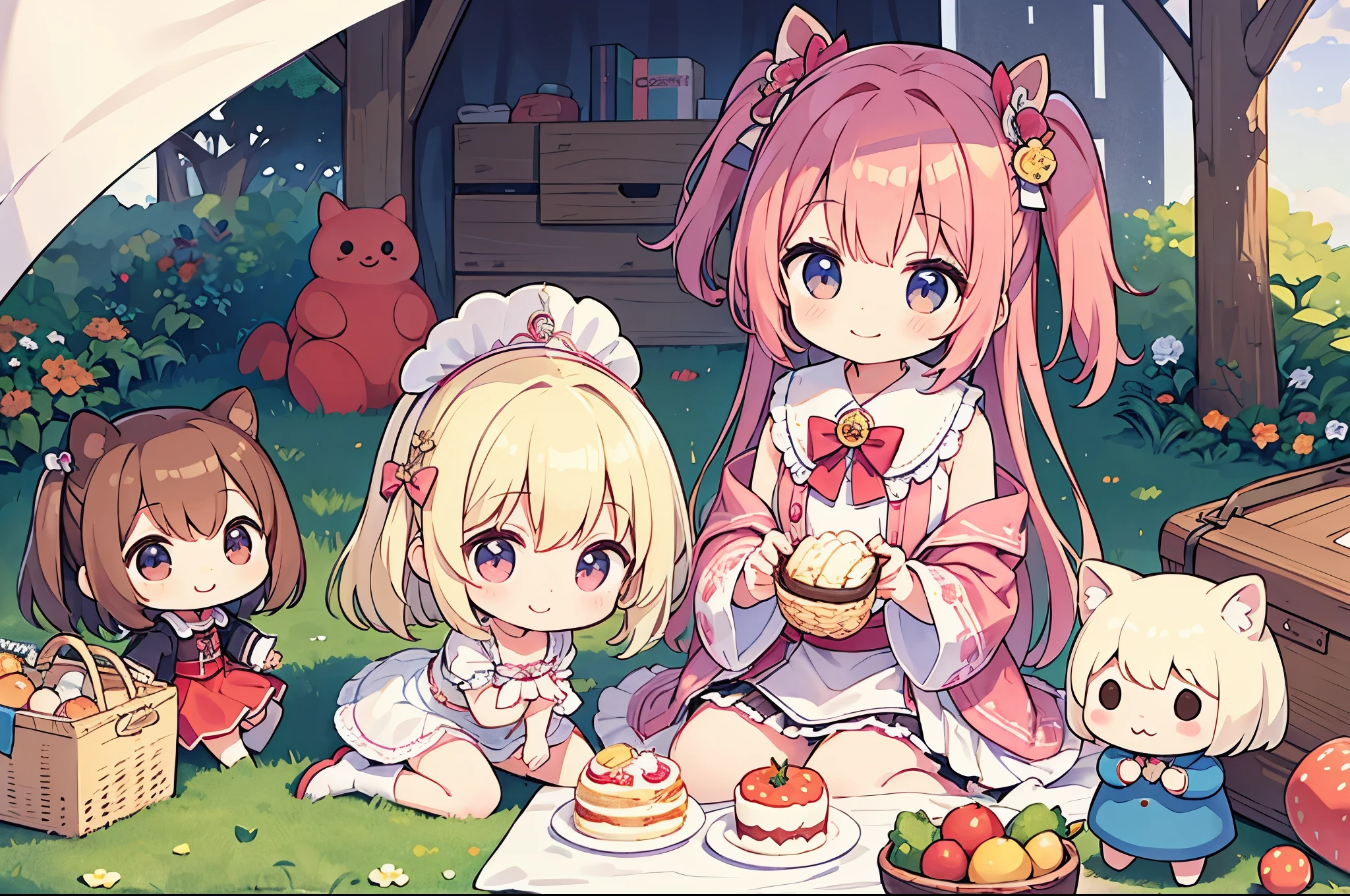 (highest quality)、(masterpiece)、(Super detailed)、Several beautiful girls、6age、Chibi、cute、(smile)、outside、friend、picnic